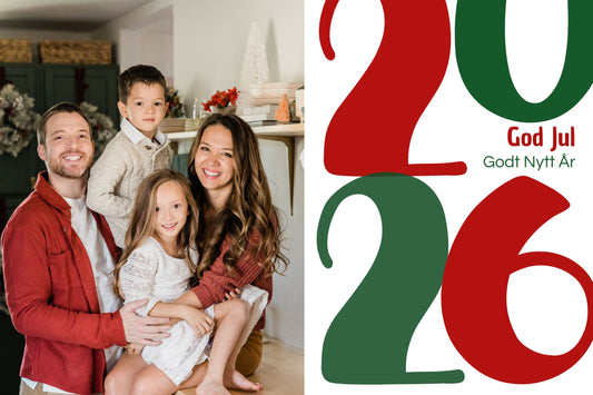 Julekort i størrelse 15x10 cm. En halvdel av kortet er for ditt personlige bilde, den andre halvdelen består av julekuler i grafisk motiv. 