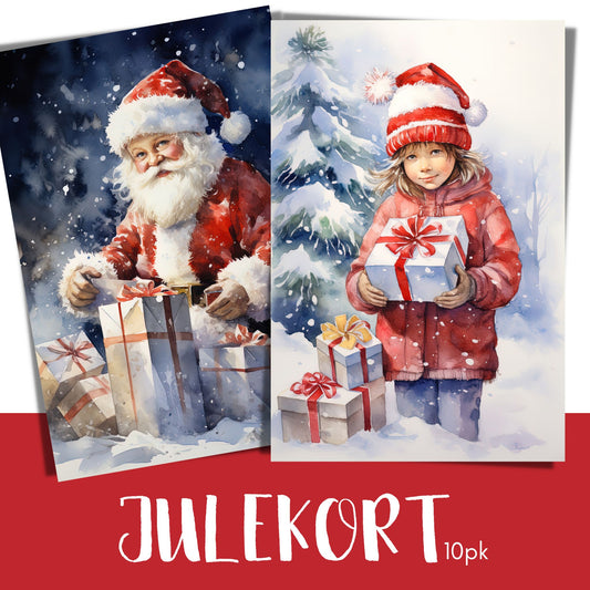 Serie med dekorative grafiske julekort med nostalgisk preg. Pakken inneholder 10 assorterte kort, trykket på 300 mg papir.