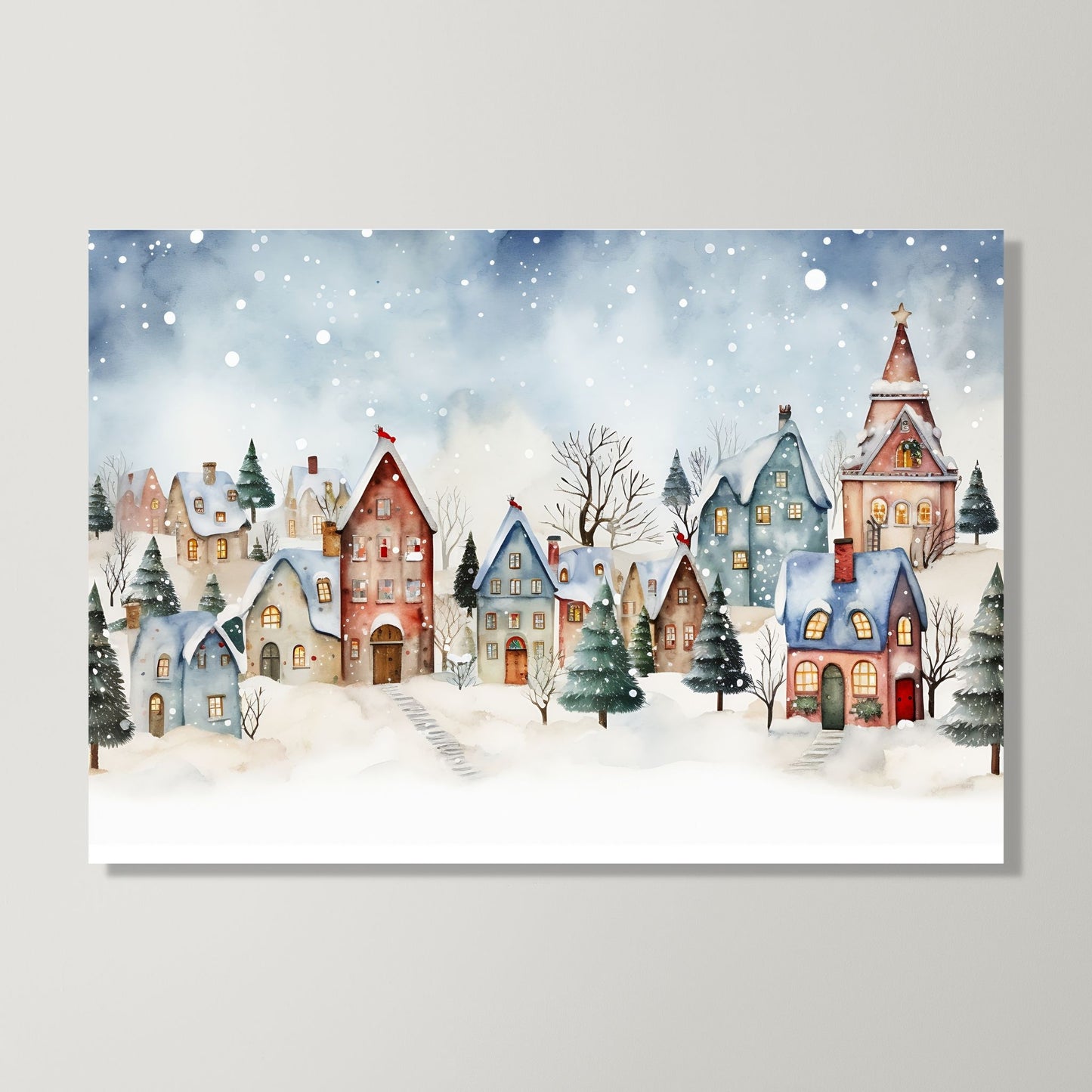 Illustrasjon som viser Grafisk motiv av en snøkledd liten landsby. Snøen faller ned over de små husene og skaper julestemning. Motivet henger på lerret på en vegg.