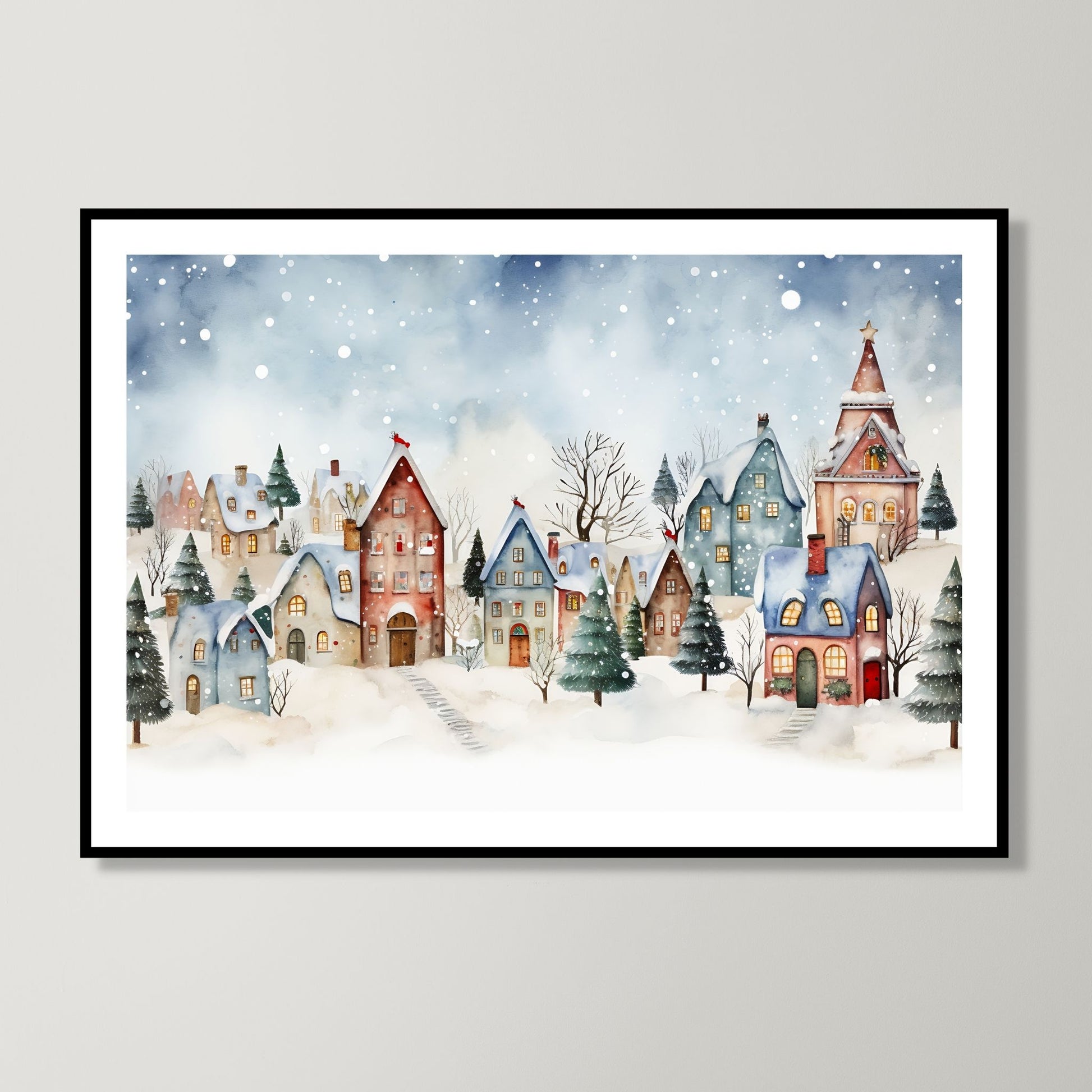 Illustrasjon som viser Grafisk motiv av en snøkledd liten landsby. Snøen faller ned over de små husene og skaper julestemning. Motivet henger i sort ramme på en vegg.