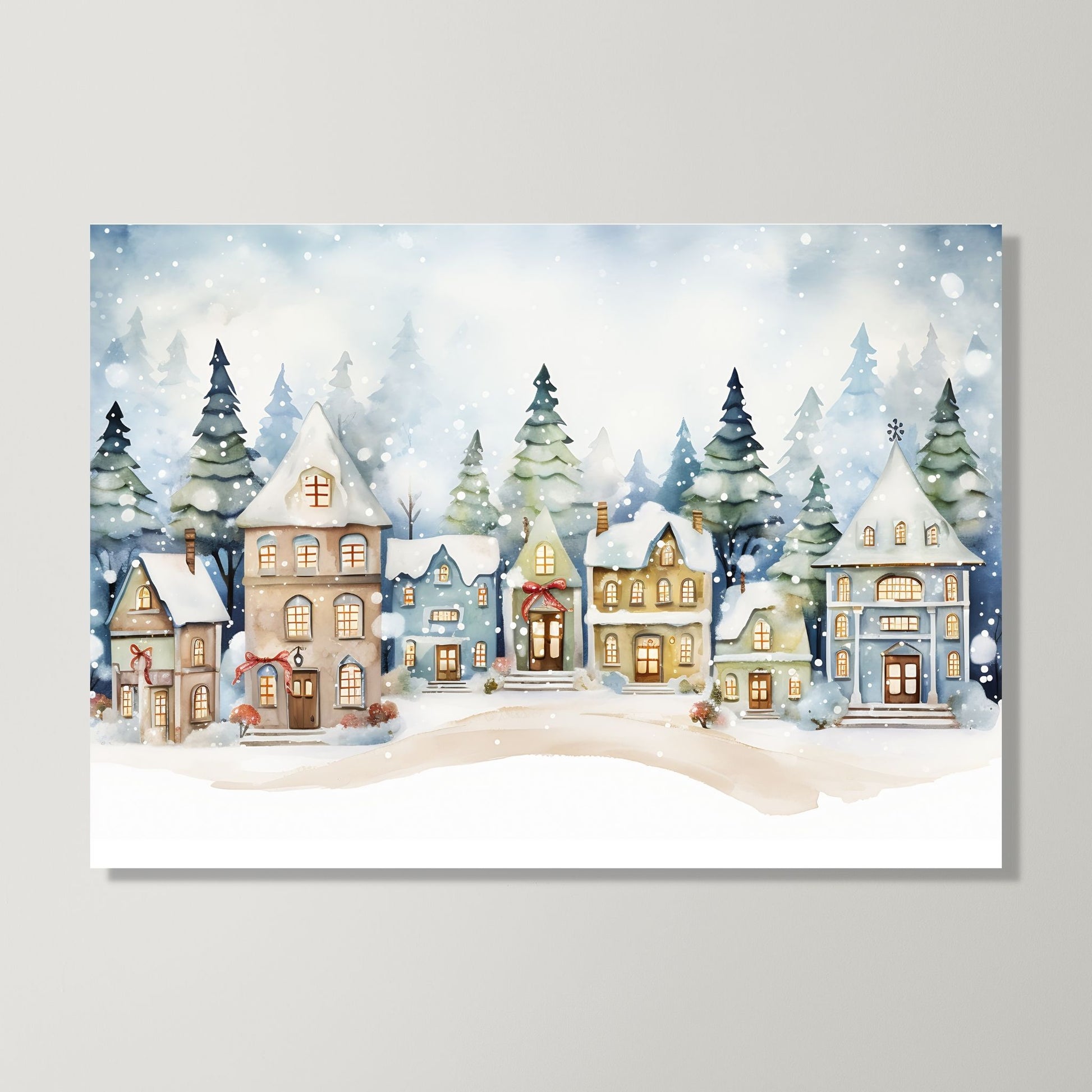 Illustrasjon som viser Grafisk motiv av en snøkledd liten landsby. Snøen faller ned over de små husene og skaper julestemning. Motivet henger på lerret på en vegg.