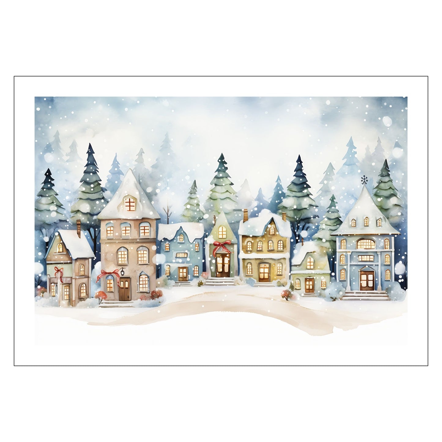 Grafisk motiv av en snøkledd liten landsby. Snøen faller ned over de små husene og skaper julestemning. Fås både som plakat og på lerret.