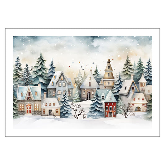 Grafisk motiv av en snøkledd liten landsby. Snøen faller ned over de små husene og skaper julestemning. Fås både som plakat og på lerret.