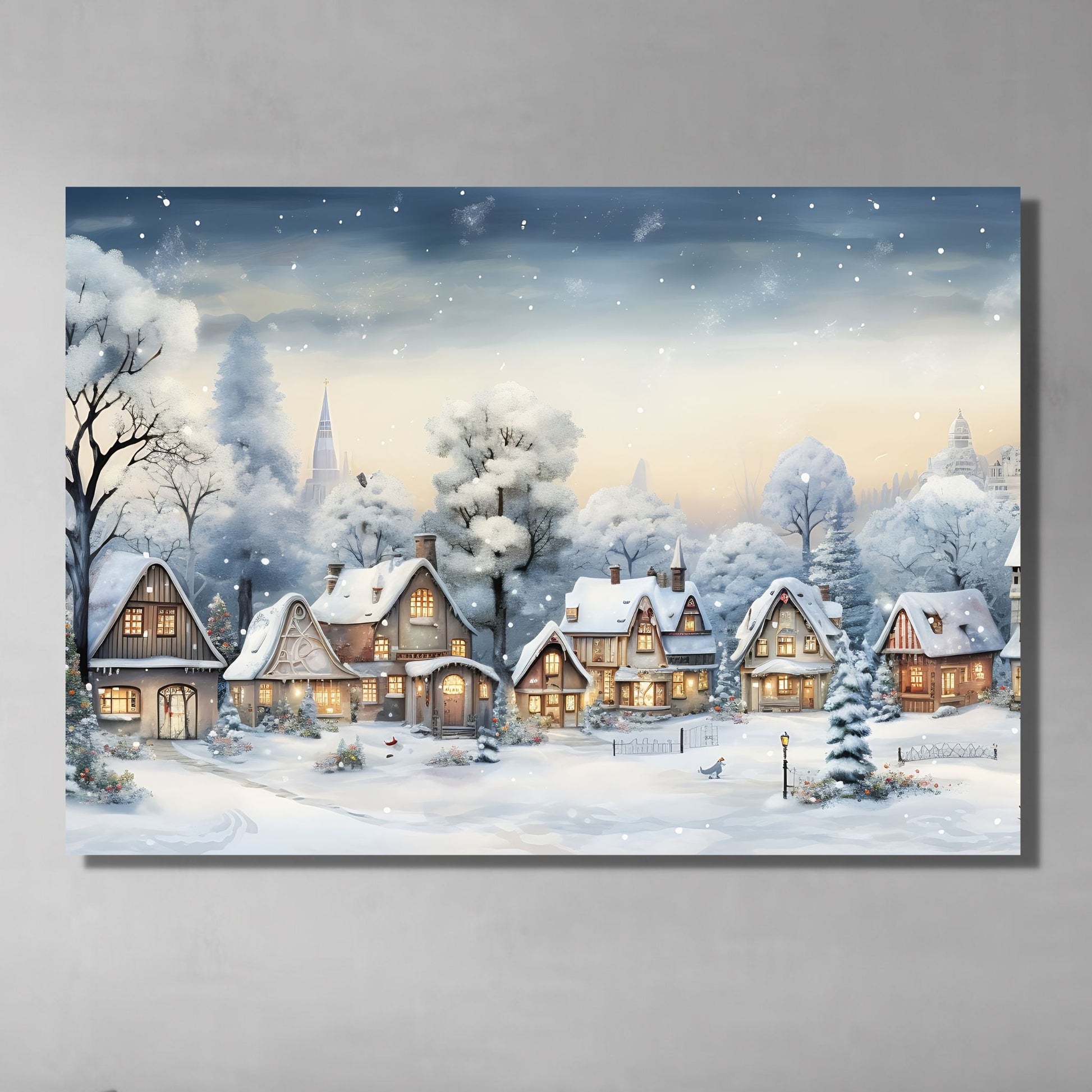 Grafisk motiv av en snøkledd liten landsby. Snøen faller ned over de små husene og skaper julestemning. Illustrasjon  viser bildet printet på lerret, og henger på en vegg.