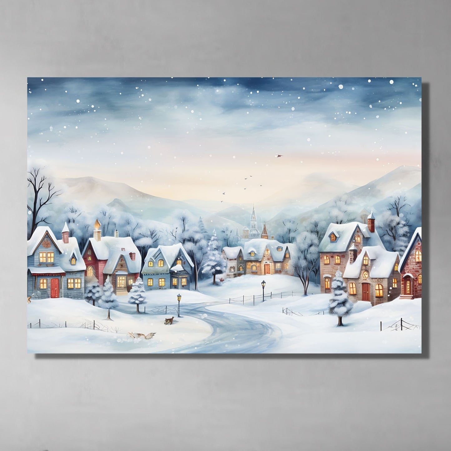 Grafisk motiv av en snøkledd liten landsby. Snøen faller ned over de små husene og skaper julestemning. Illustrasjon  viser bildet printet på lerret, og henger på en vegg.