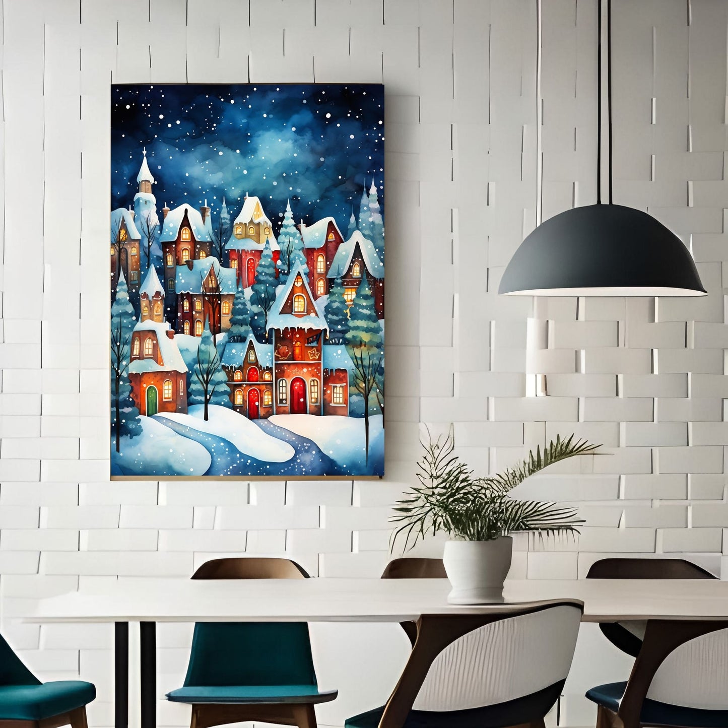Grafisk motiv av en snøkledd liten by. Snøen faller ned over de små fargerike husene og skaper julestemning. Illustrasjonen viser motivet på lerret som henger på en vegg over et spisebord.
