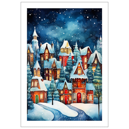 Grafisk motiv av en snøkledd liten by. Snøen faller ned over de små fargerike husene og skaper julestemning. Fås både som plakat og på lerret.