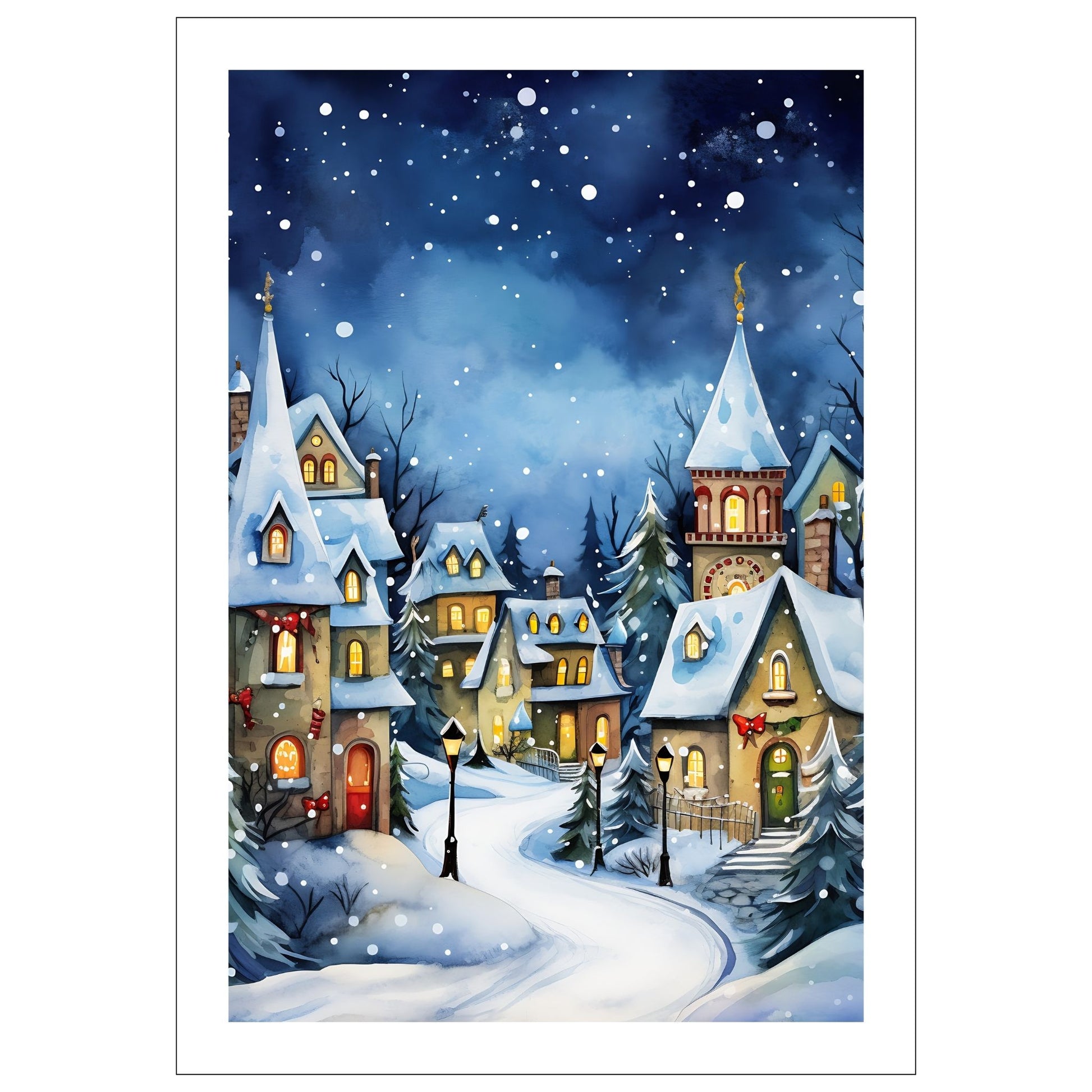 Grafisk motiv av en snøkledd liten landsby. Snøen faller ned over de små fargerike husene og skaper julestemning. Fås både som plakat og på lerret.