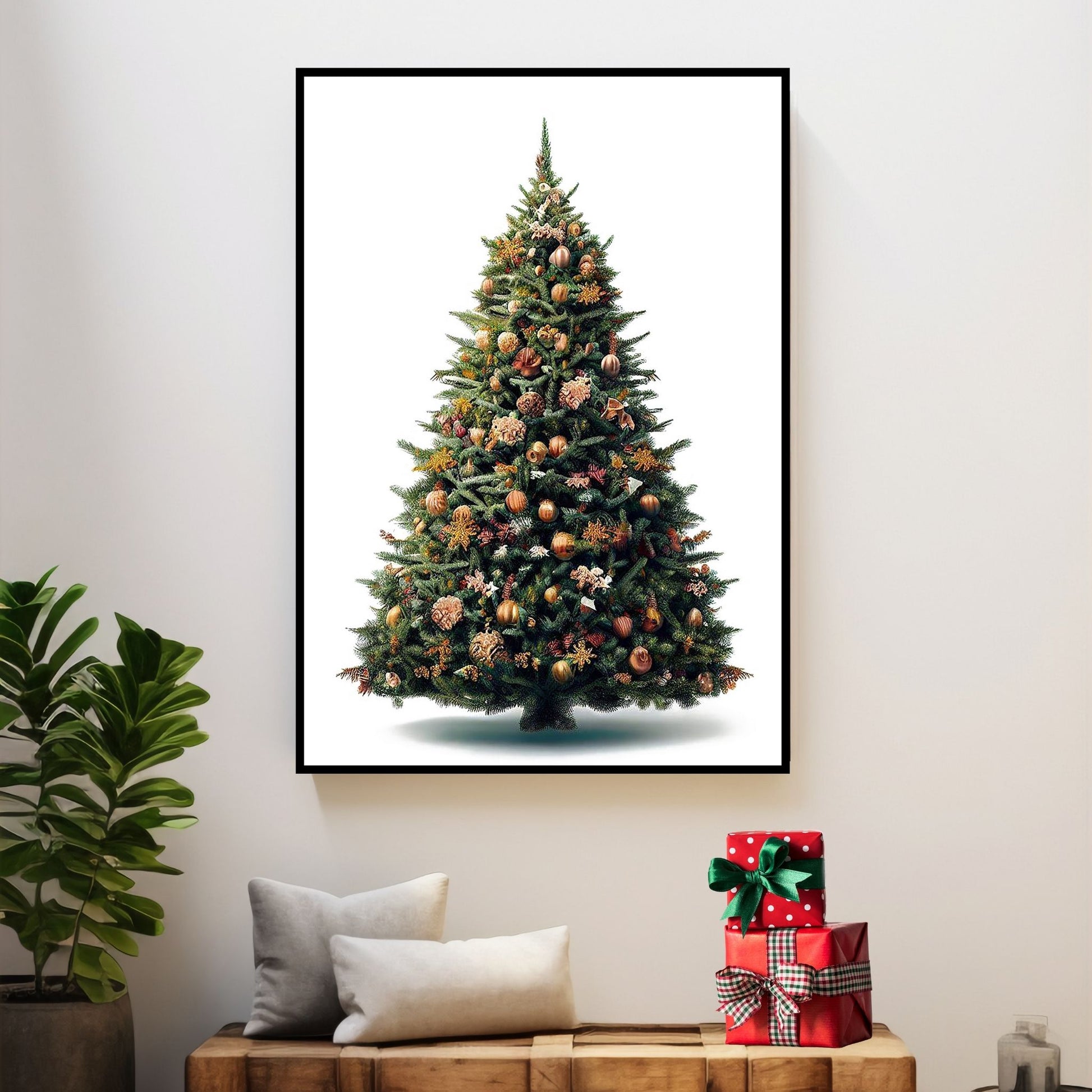 Illustrasjonsbilde av juletre som plakat i sort ramme på en vegg.