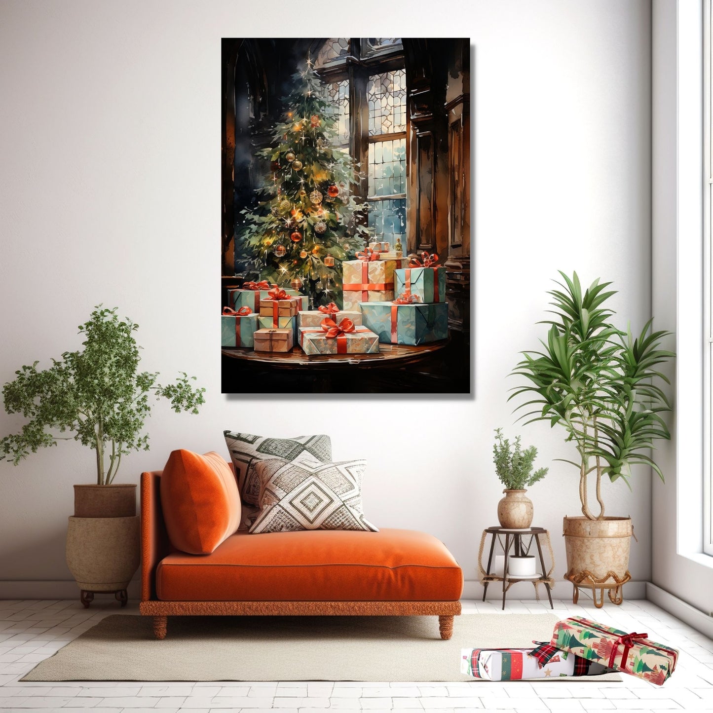 Juletre og julepakker ve et vindu. Illustrasjonen viser motivet på lerret som henger på en vegg over en oransje sofa.