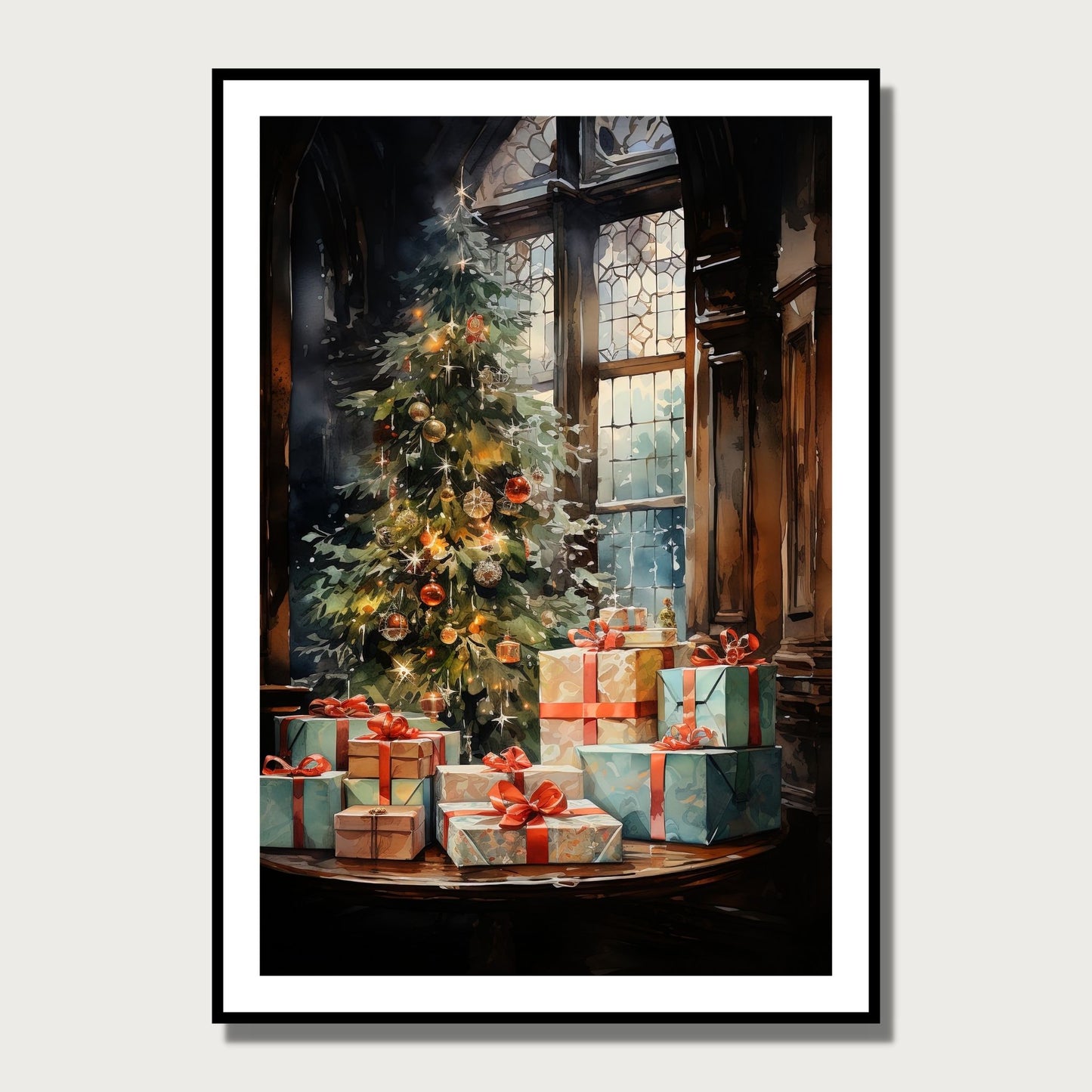 Juletre og julepakker ved et vindu. Illustrasjonen viser motivet som plakat i sort ramme som henger på en vegg.