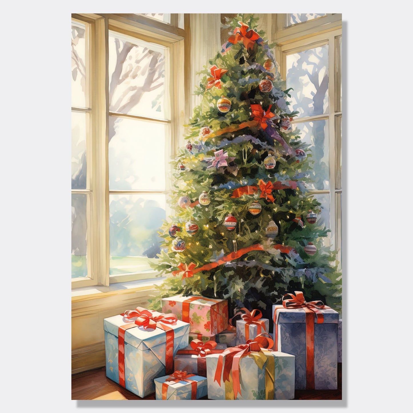 Juletre og julepakker ved et vindu. Illustrasjonen viser motivet på lerret som henger på en vegg ved siden av en stol.