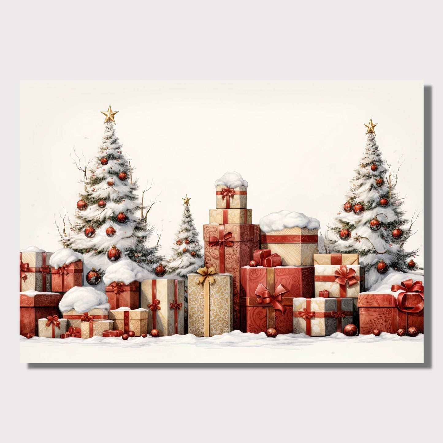 Tre juletre med julepynt og mange julepakker som står ute i snøen.  Illustrasjonen viser motivet på lerret som henger på en vegg.