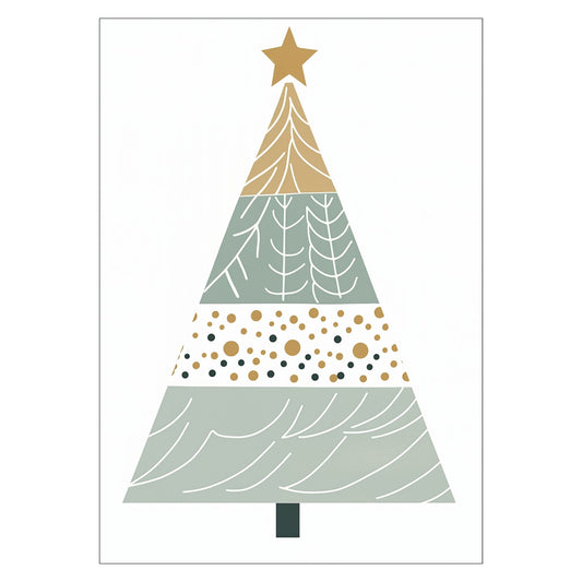 Grafisk, minimalistisk motiv av juletre med julepynt og julepakker. Plakaten går i fargene gull, hvit og grå. 