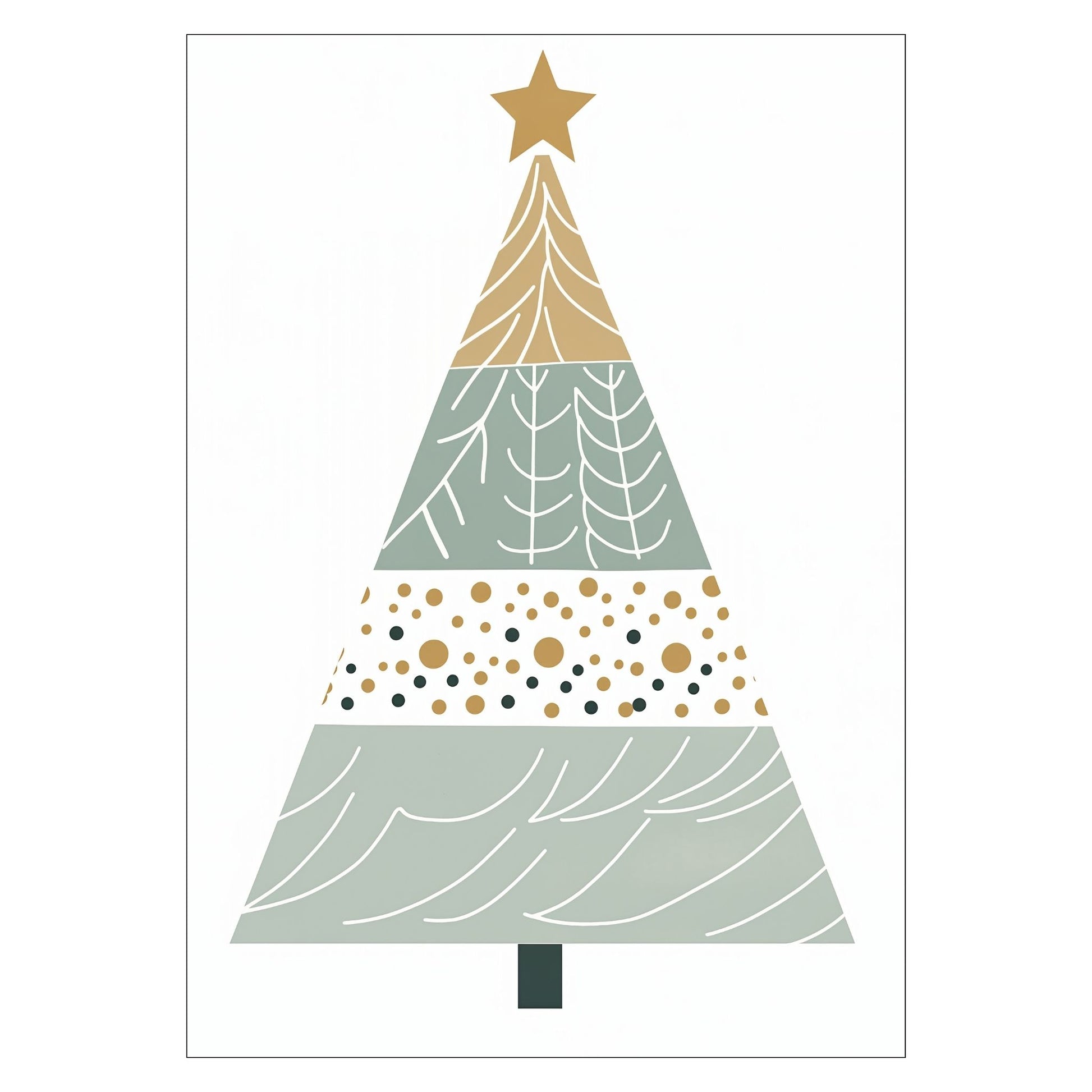 Grafisk, minimalistisk motiv av juletre med julepynt og julepakker. Plakaten går i fargene gull, hvit og grå. 