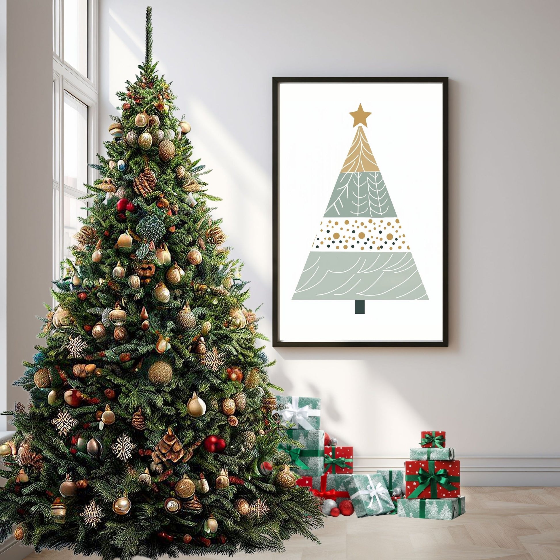 Grafisk, minimalistisk motiv av juletre med julepynt og julepakker. Plakaten går i fargene gull, hvit og grå. Illustrasjonsfoto viser motivet som plakat i sort ramme på en stuevegg ved siden av et pyntet juletre og julepakker.