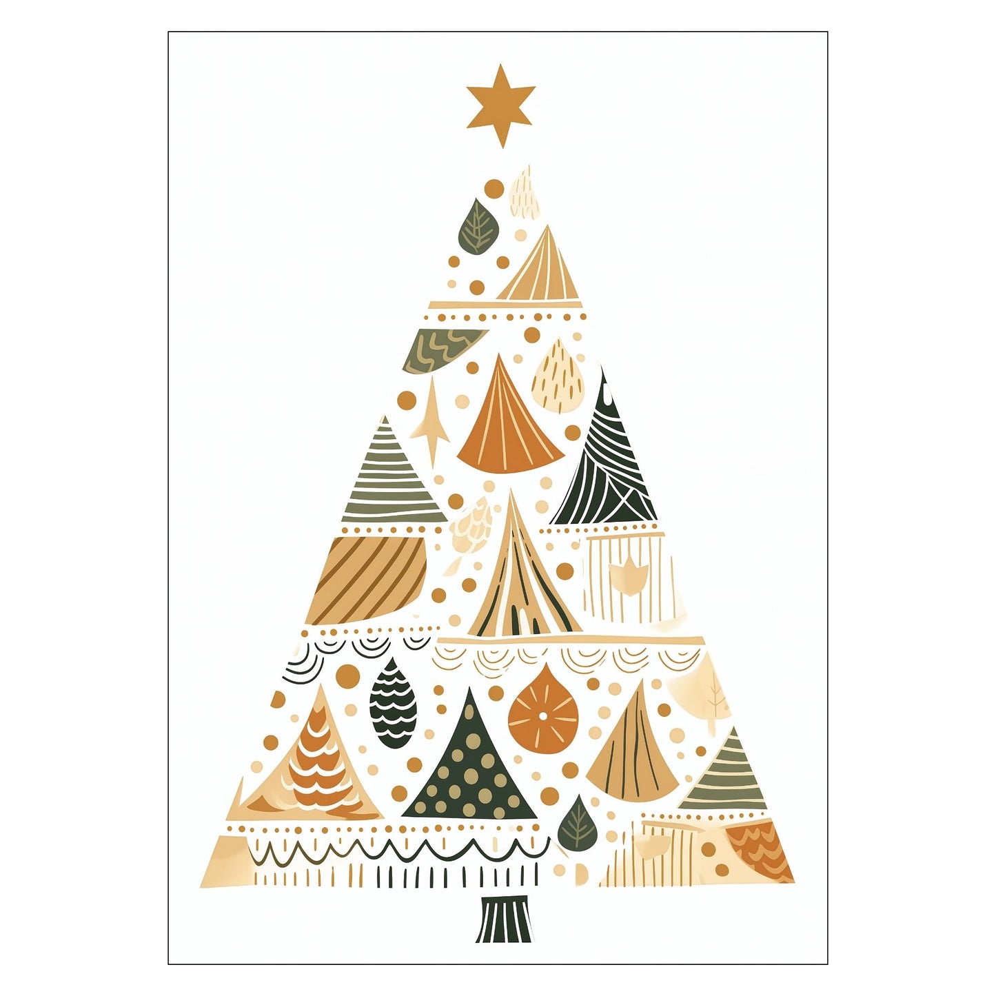 Grafisk, minimalistisk motiv av juletre med julepynt og julepakker. Plakaten går i fargene gull, grønn, oransje og beige.