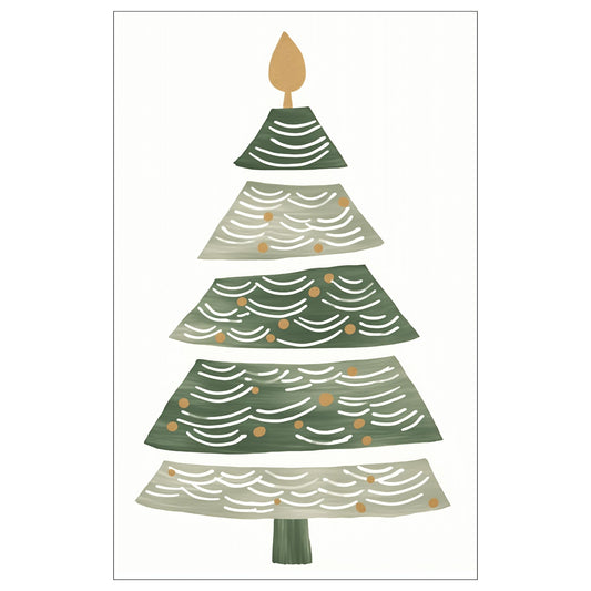 Grafisk, minimalistisk motiv av juletre med julepynt og julepakker. Plakaten går i fargene gull, grønn og grå. 