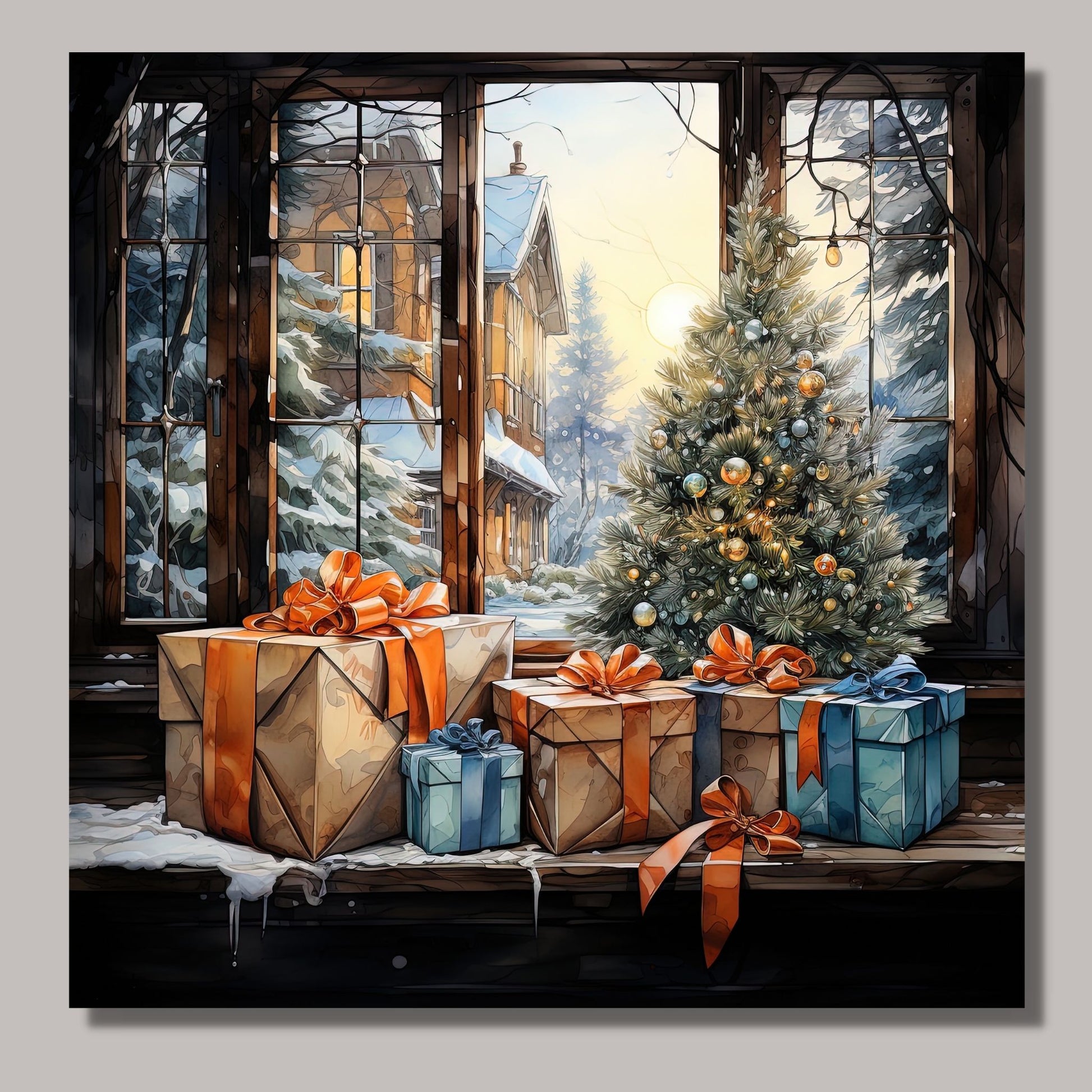 Juletre og julepakker ved et åpent vindu. Illustrasjonen viser motivet som lerret som henger på en vegg.