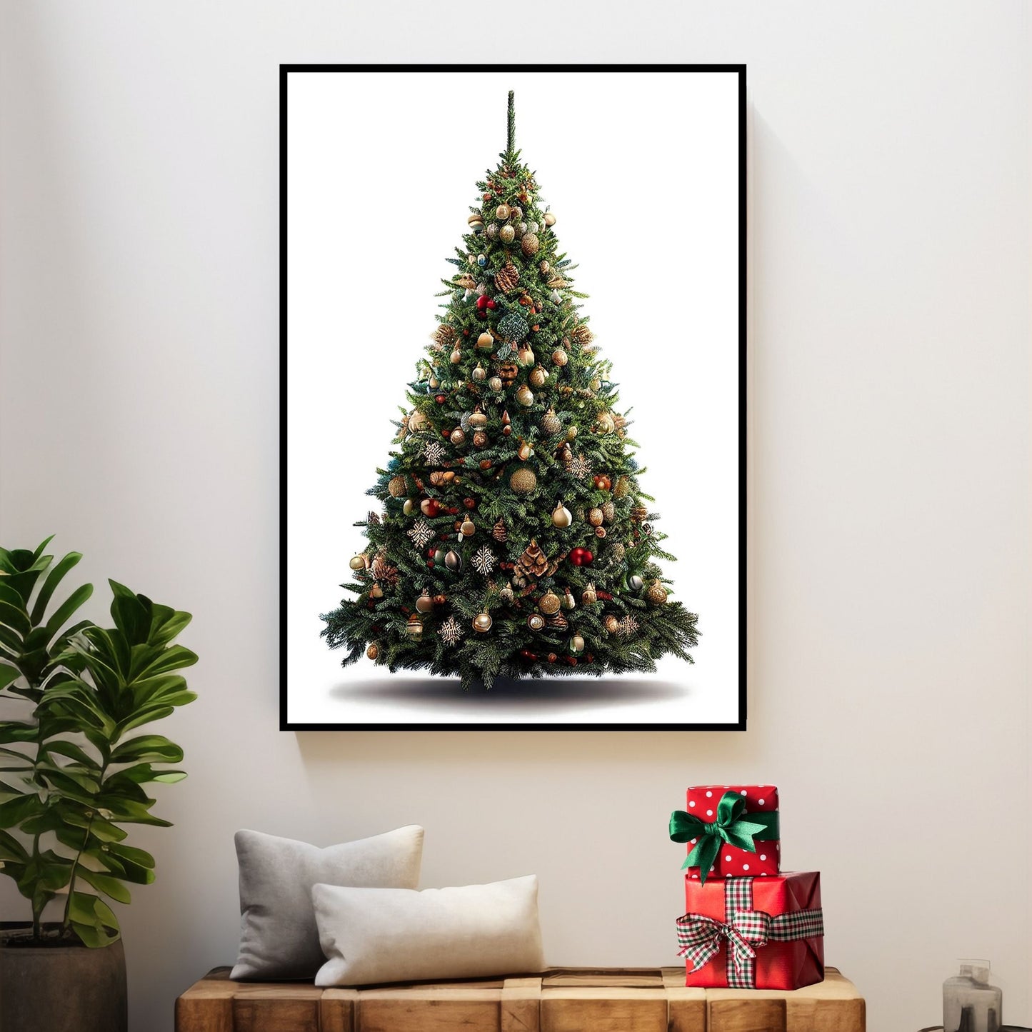 Illustrasjonsbilde av juletre som plakat i sort ramme på en vegg.