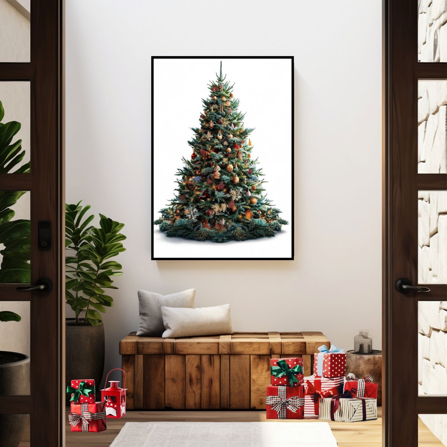 Illustrasjonsbilde av juletre som plakat i sort ramme på en vegg.
