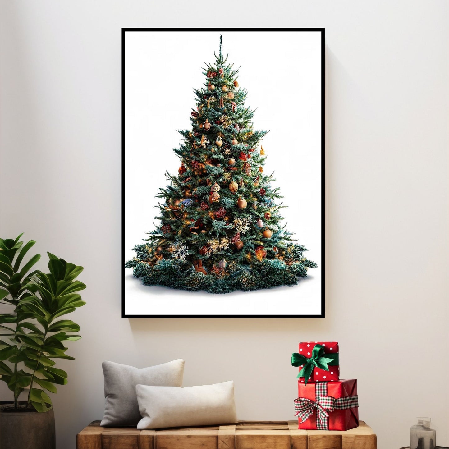Illustrasjonsbilde av juletre som plakat i sort ramme på en vegg.