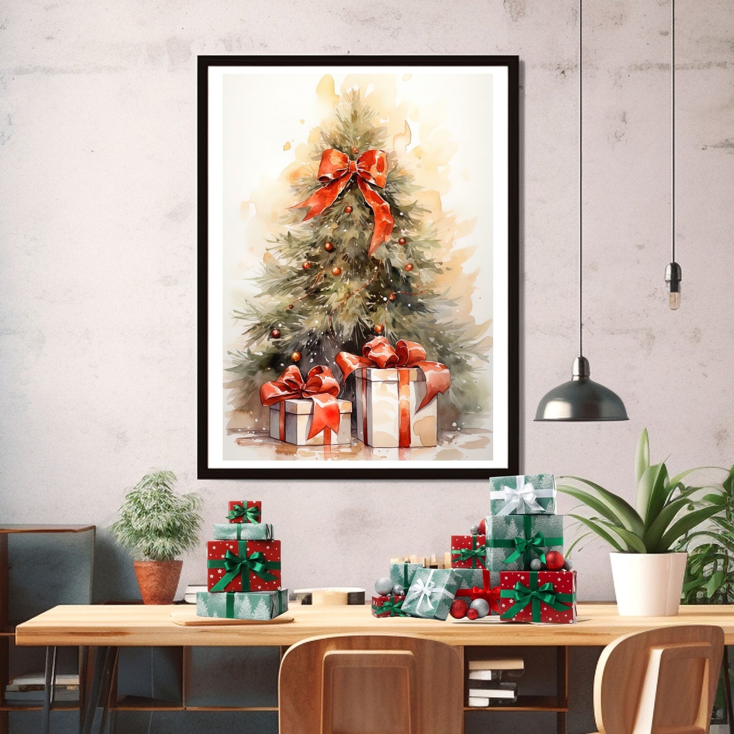 Juletre og julepakker. Illustrasjonen viser motivet som plakat i sort ramme som henger på en vegg over et spisebord.