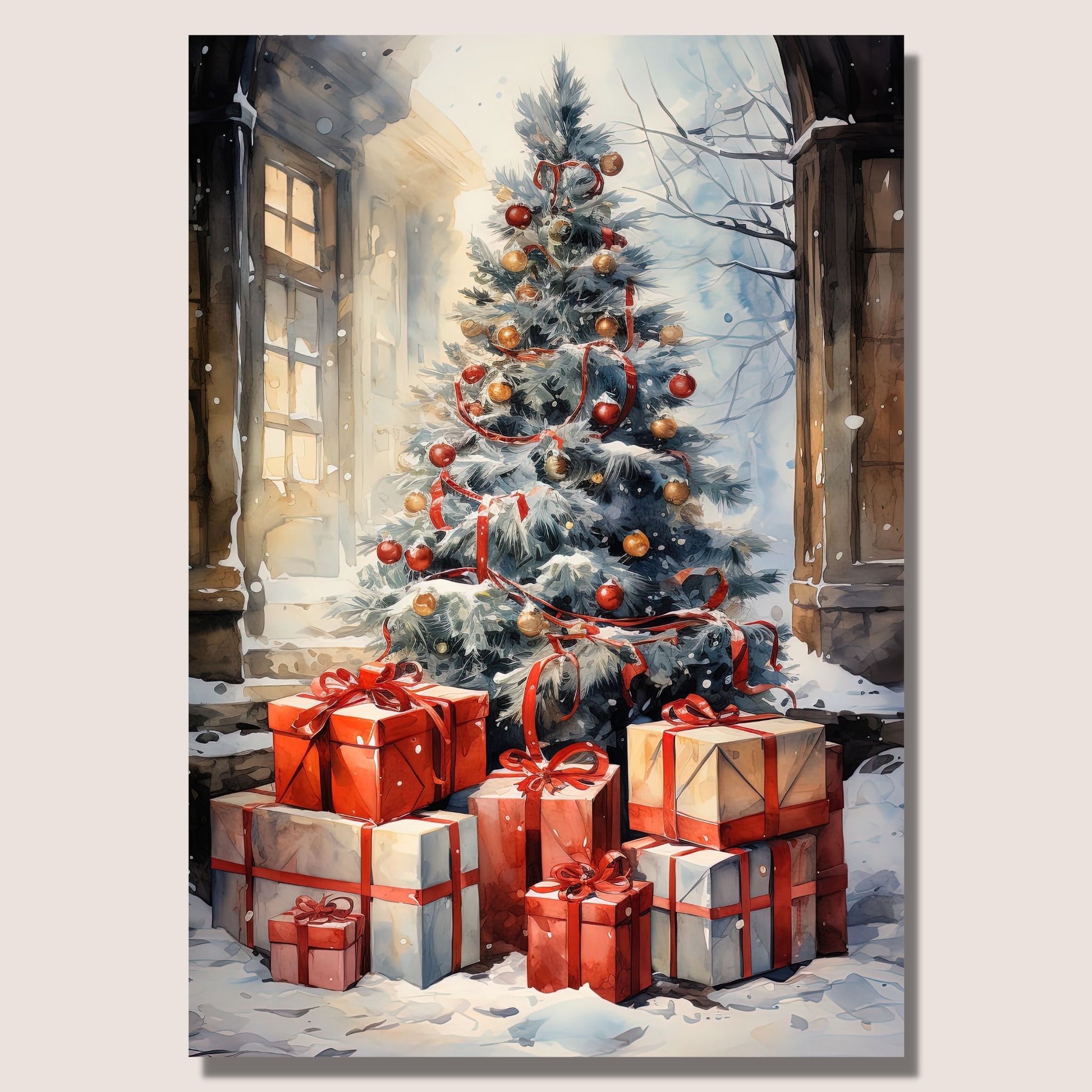 Juletre og julepakker som står i snøen utenfor et hus. Illustrasjonen viser motivet på lerret som henger på en vegg.
