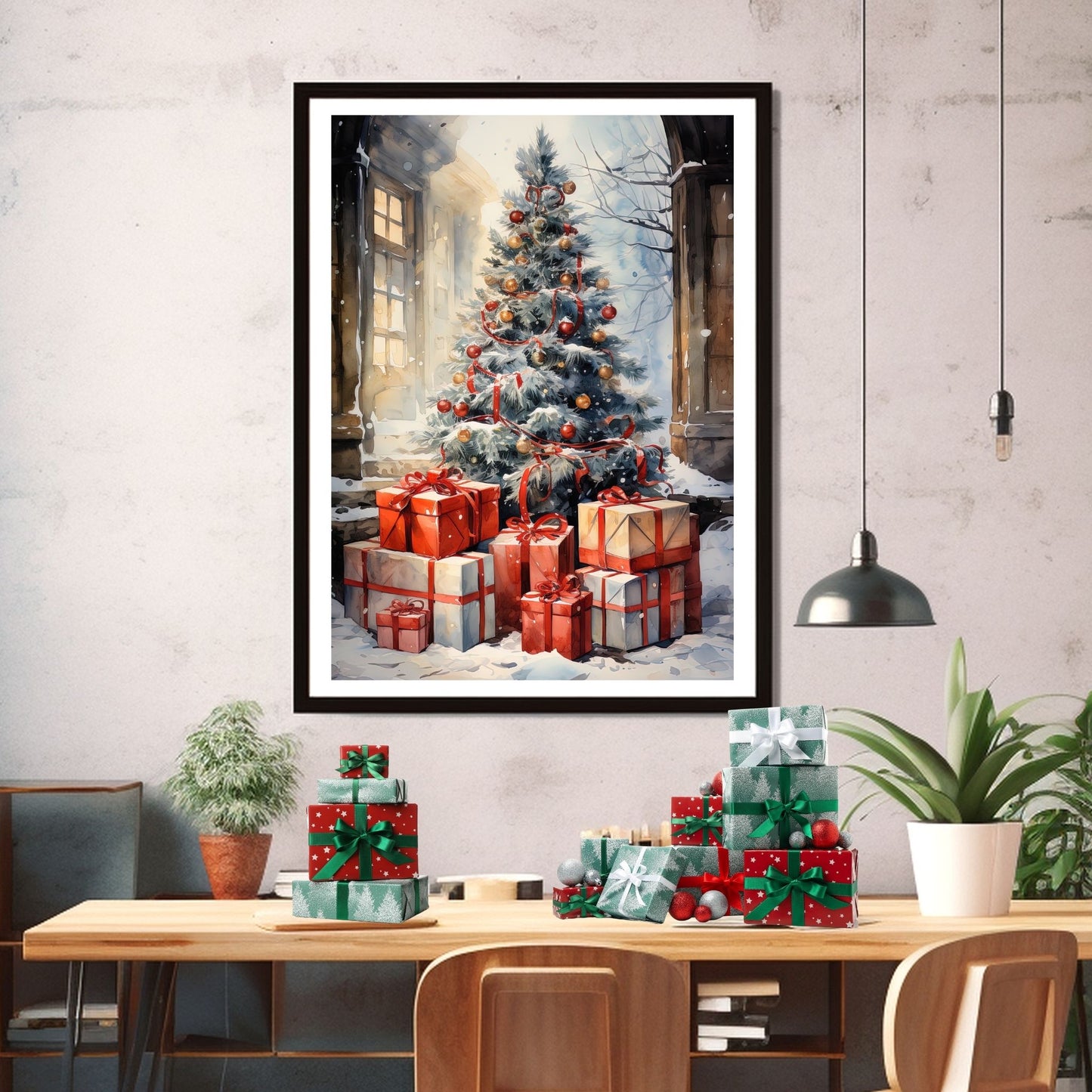 Juletre og julepakker som står i snåen utenfor et hus. Illustrasjonen viser motivet som plakat i sort ramme som henger på en vegg over et spisebord.