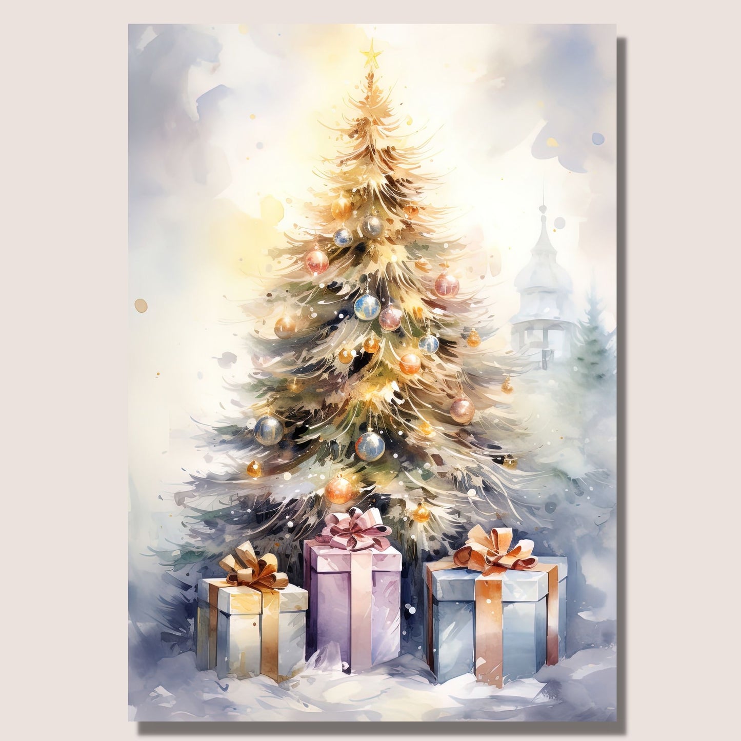 Juletre med julepynt og julepakker som står ute i snøen.  Illustrasjonen viser motivet på lerret som henger på en vegg.