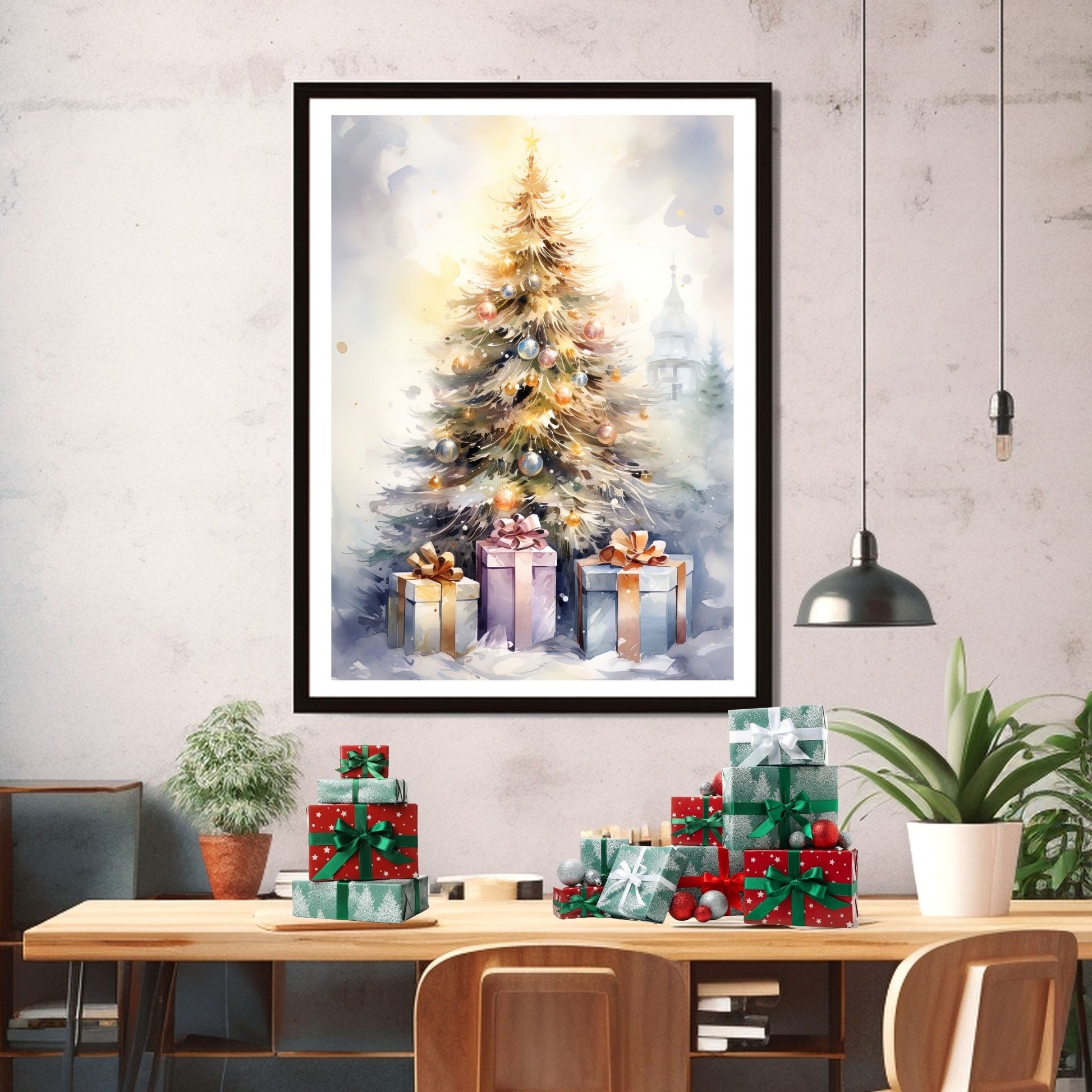 Juletre med julepynt og julepakker som står ute i snøen.  Illustrasjonen viser motivet som plakat i sort ramme som henger på en vegg over et spisebord.
