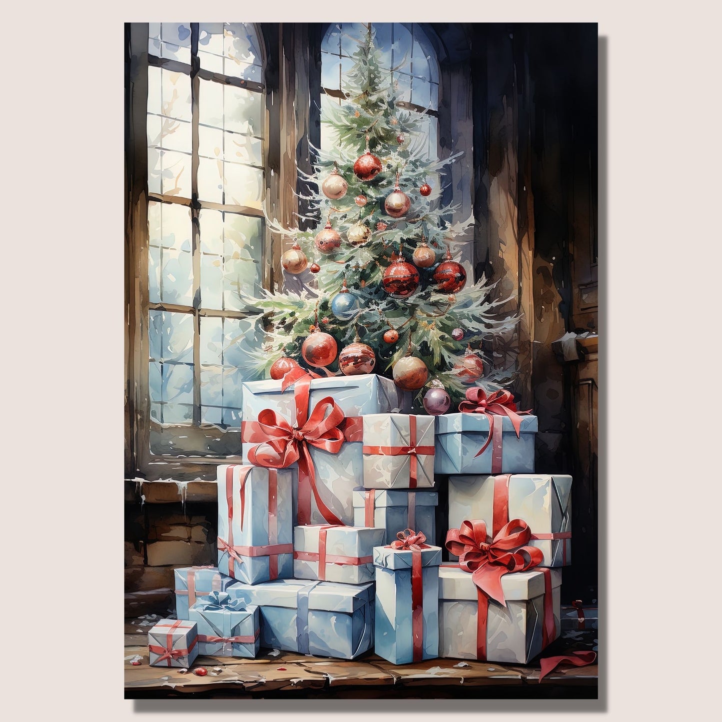 Juletre og julepakker ve et vindu. Illustrasjonen viser motivet på lerret som henger på en vegg.