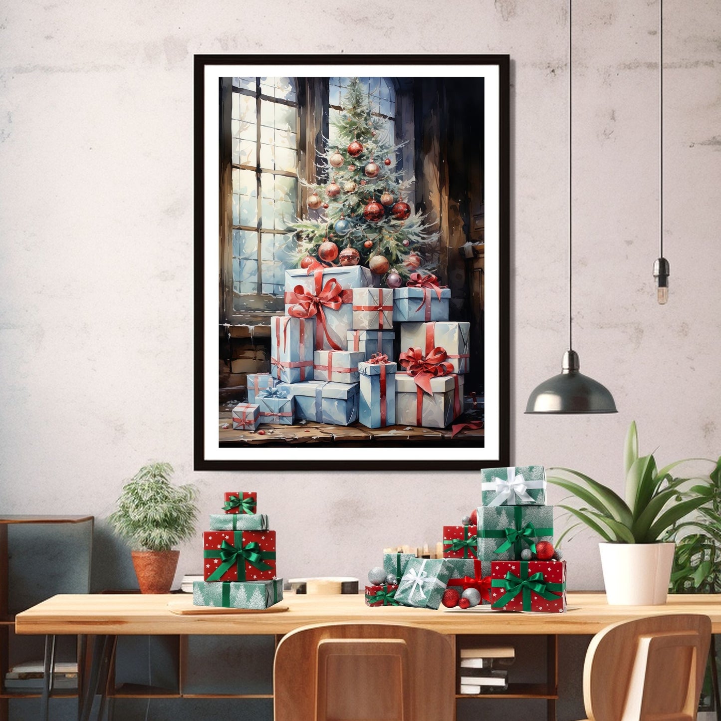 Juletre og julepakker ved et vindu. Illustrasjonen viser motivet som plakat i sort ramme som henger på en vegg over et spisebord.