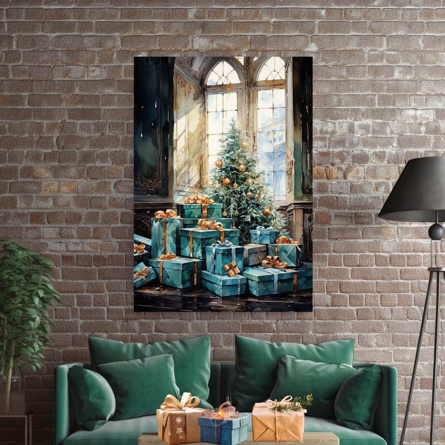Juletre og julepakker ve et vindu. Illustrasjonen viser motivet på lerret som henger på en vegg over en grønn sofa