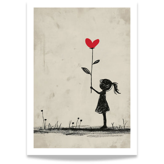 Gi hjemmet ditt en kunstnerisk og stemningsfull touch med vår unike Jente med hjerteblomst-plakat. Dette vakre kunstverket illustrerer en silhuett av en jente som holder en blomst med et rødt hjerteformet kronblad, noe som gir et symbolsk uttrykk for kjærlighet, uskyld og håp.