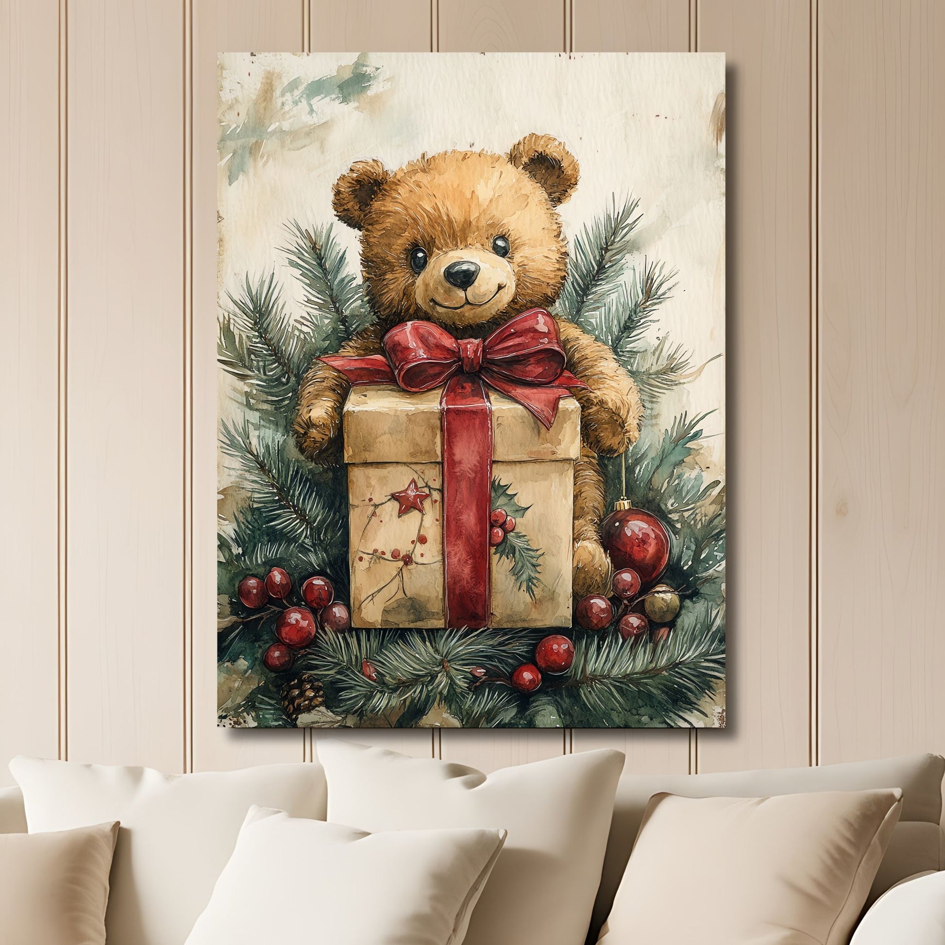 Dette koselige motivet viser en søt bamse med gave, omgitt av vintergrønt og juledekorasjoner. Illustrasjon viser motivet på lerret.