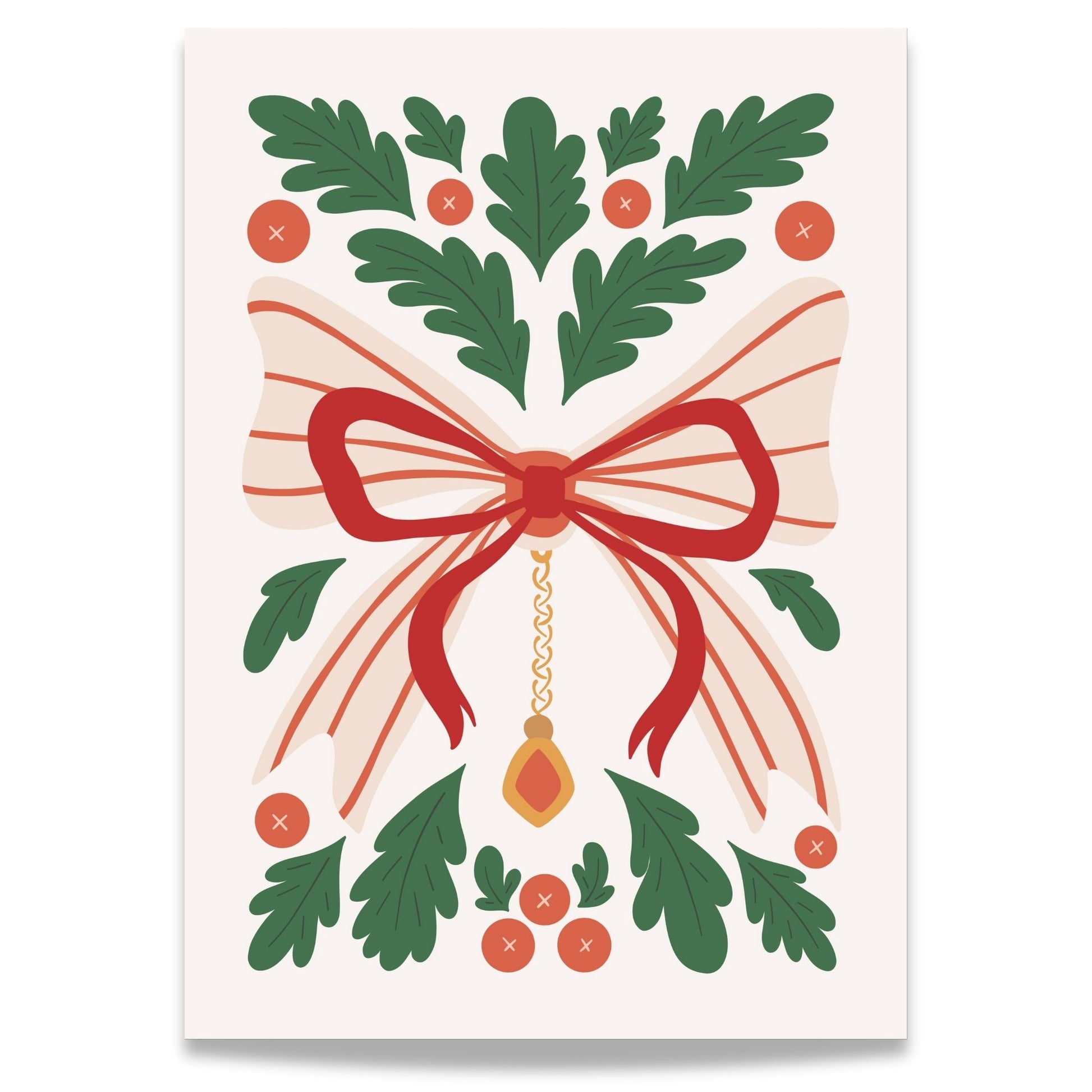 "Julebånd med Grener" viser et detaljert design med et vakkert rødt bånd og klassiske julegrener, perfekt for de som ønsker å tilføre et sofistikert preg til julepynten. 