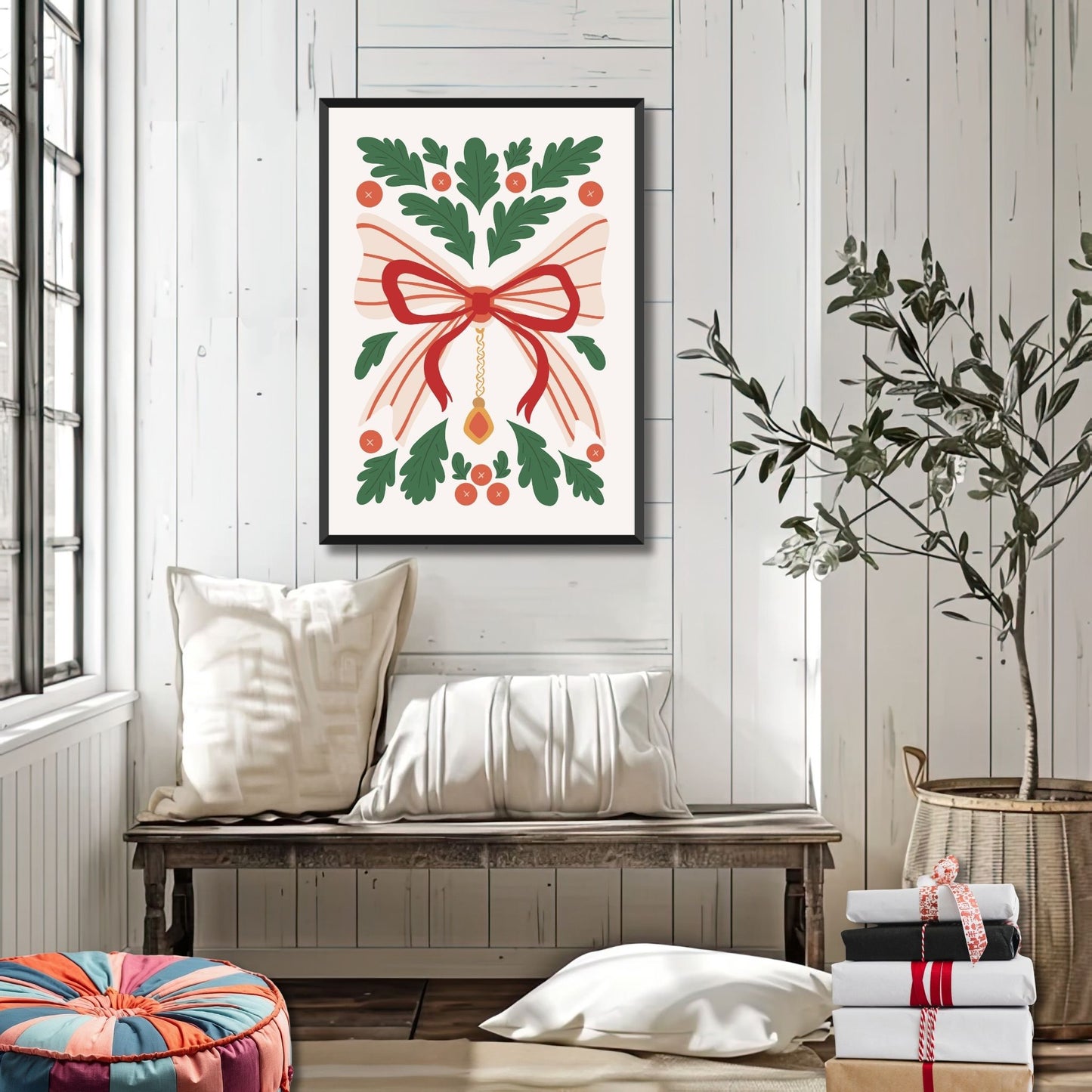 "Julebånd med Grener" viser et detaljert design med et vakkert rødt bånd og klassiske julegrener, perfekt for de som ønsker å tilføre et sofistikert preg til julepynten.  Illustrasjonsfoto viser plakat i sort ramme.