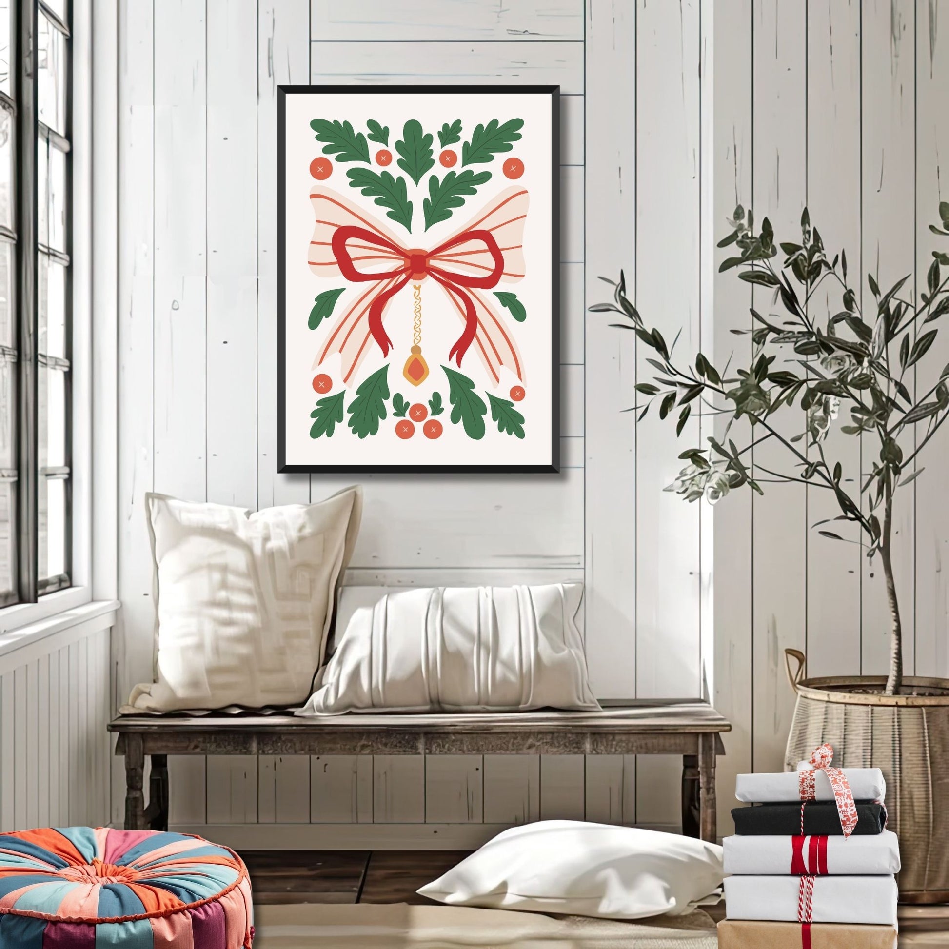 "Julebånd med Grener" viser et detaljert design med et vakkert rødt bånd og klassiske julegrener, perfekt for de som ønsker å tilføre et sofistikert preg til julepynten.  Illustrasjonsfoto viser plakat i sort ramme.