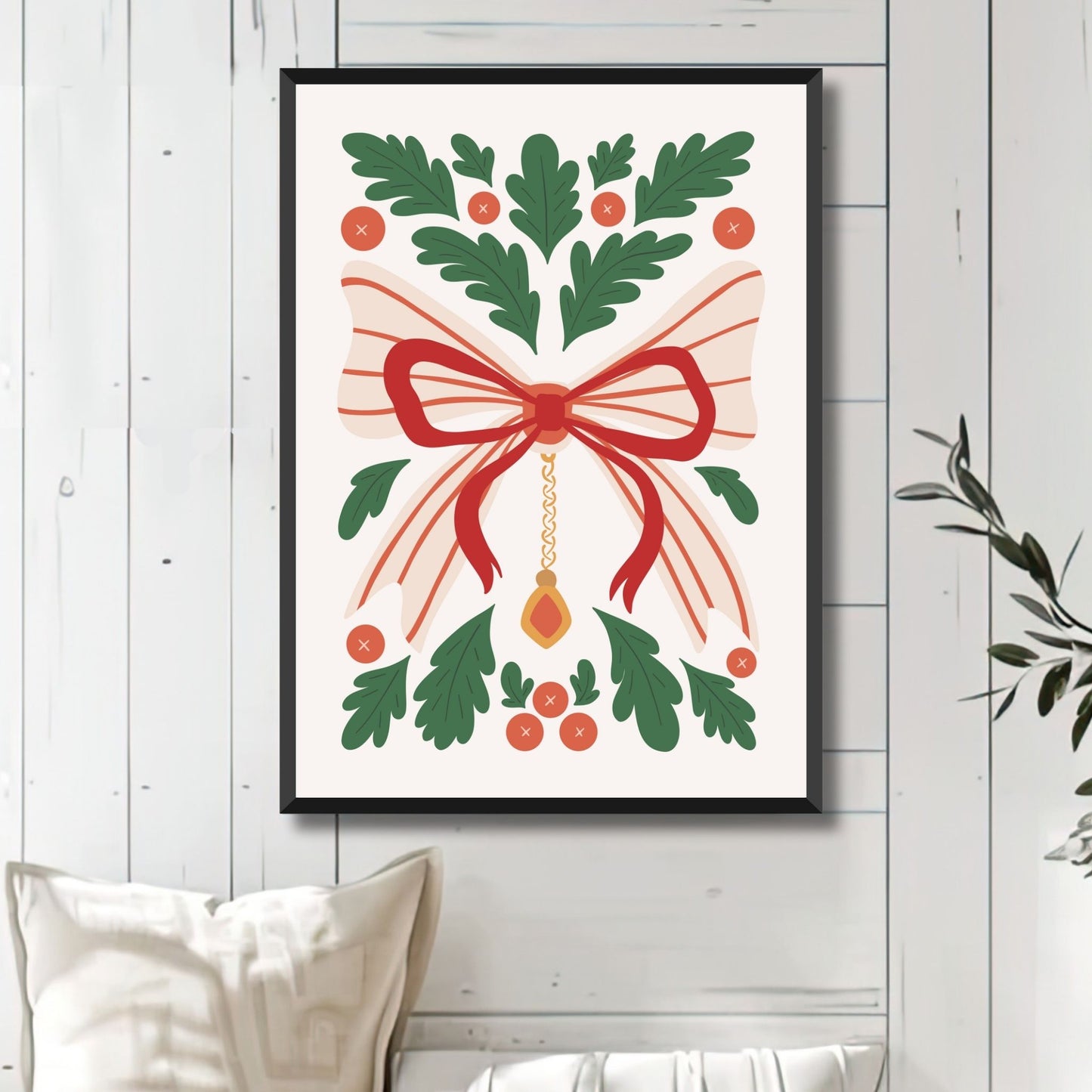 "Julebånd med Grener" viser et detaljert design med et vakkert rødt bånd og klassiske julegrener, perfekt for de som ønsker å tilføre et sofistikert preg til julepynten.  Illustrasjonsfoto viser plakat i sort ramme.