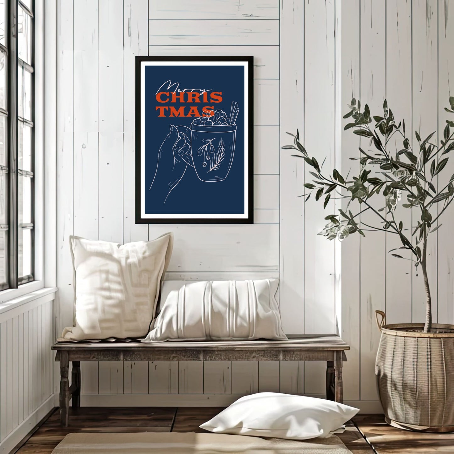 Denne unike, håndtegnede illustrasjonen viser en varm kopp fylt med deilig kakao, perfekt for å bringe julens hygge inn i hjemmet ditt. Illustrasjonsfoto viser plakat i sort ramme.