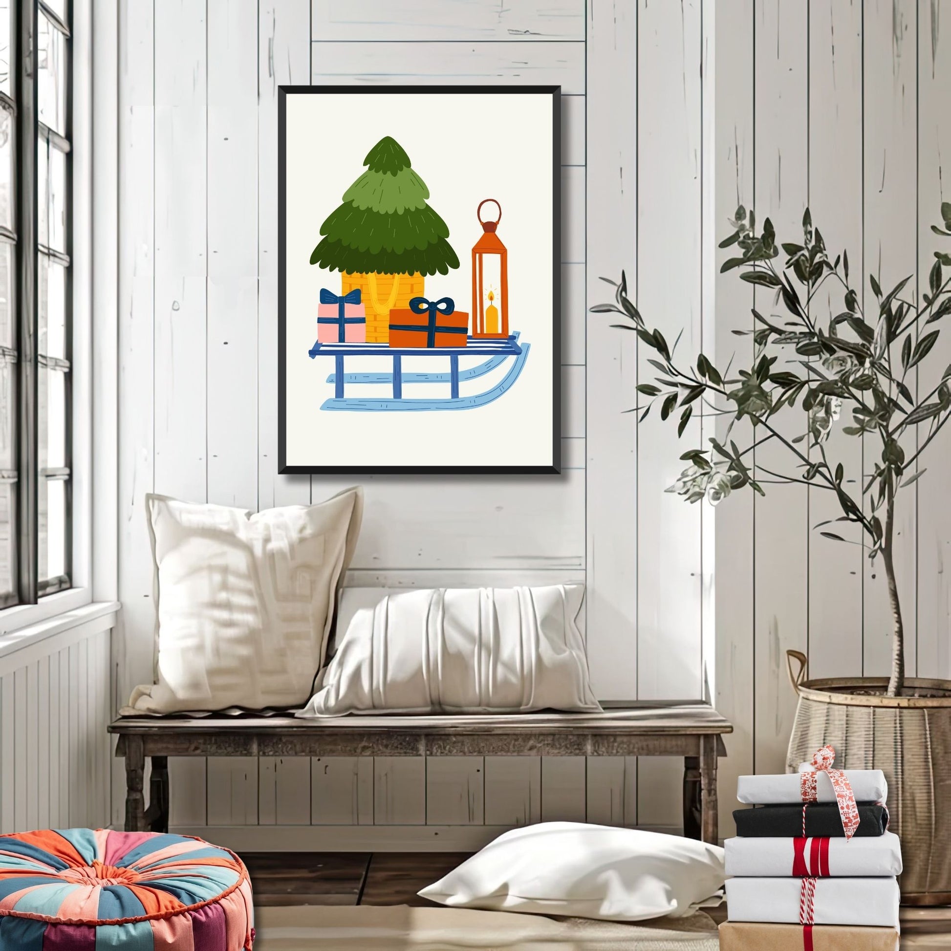 Denne sjarmerende illustrasjonen viser et juletre, gaver og en tent lykt plassert på en slede, som gir en nostalgisk følelse av vinter og julefeiring. Illustrasjonsfoto viser plakat i sort ramme.