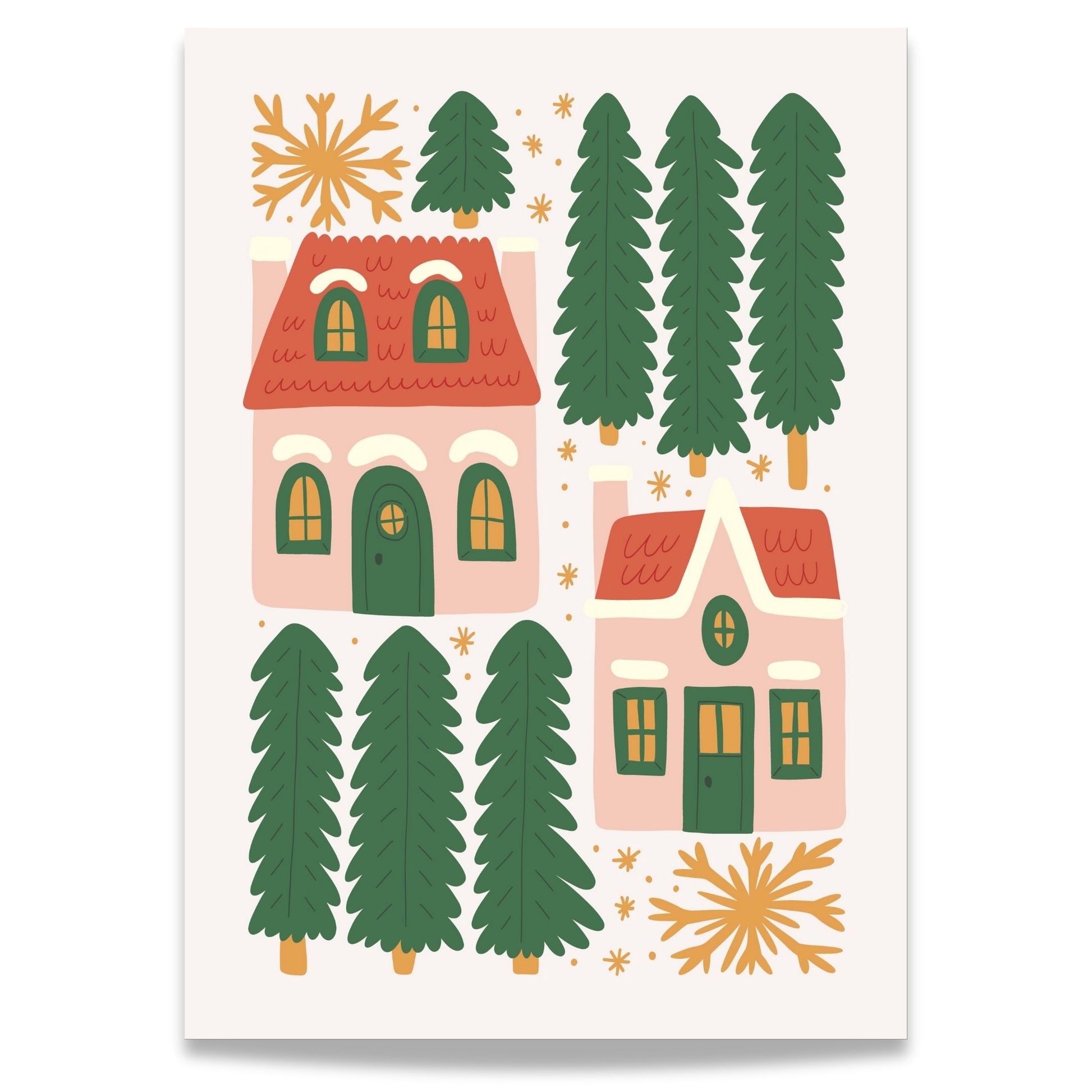 "Julehus og Trær" er en stemningsfull plakat som viser en samling av julehus omgitt av grønne juletrær og snøfnugg.