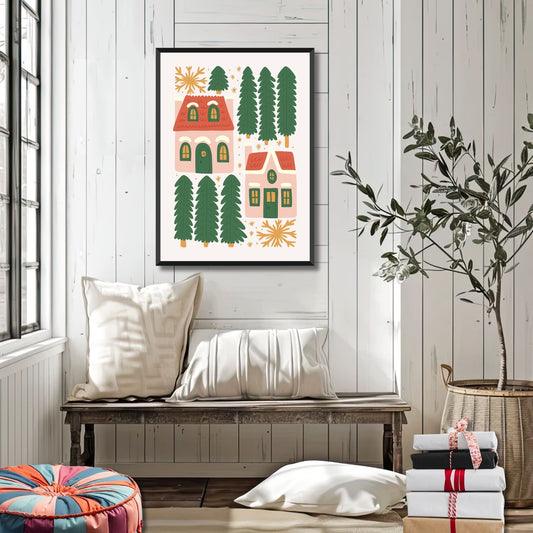 "Julehus og Trær" er en stemningsfull plakat som viser en samling av julehus omgitt av grønne juletrær og snøfnugg. Illustrasjonsfoto viser plakat i sort ramme.