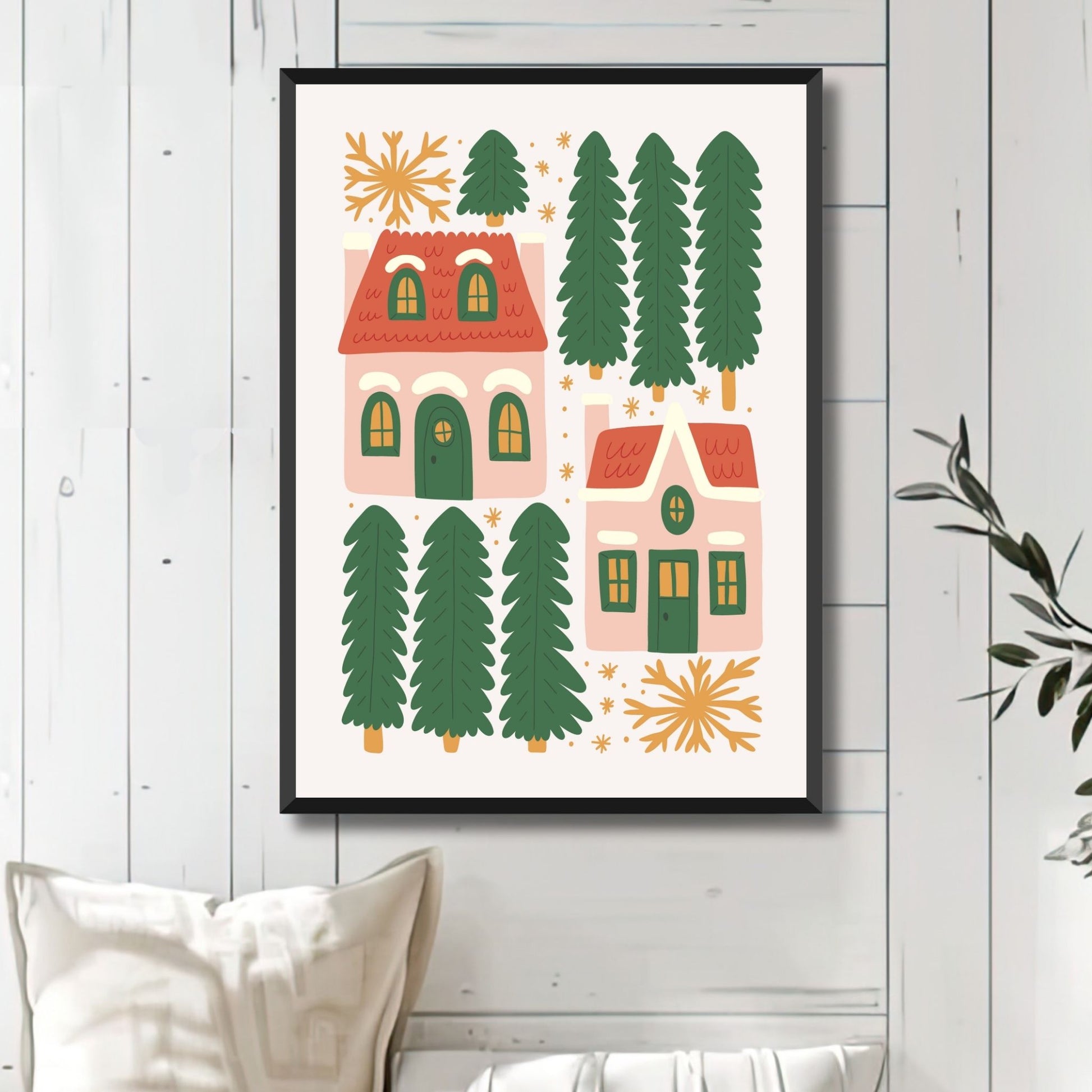 "Julehus og Trær" er en stemningsfull plakat som viser en samling av julehus omgitt av grønne juletrær og snøfnugg. Illustrasjonsfoto viser plakat i sort ramme.