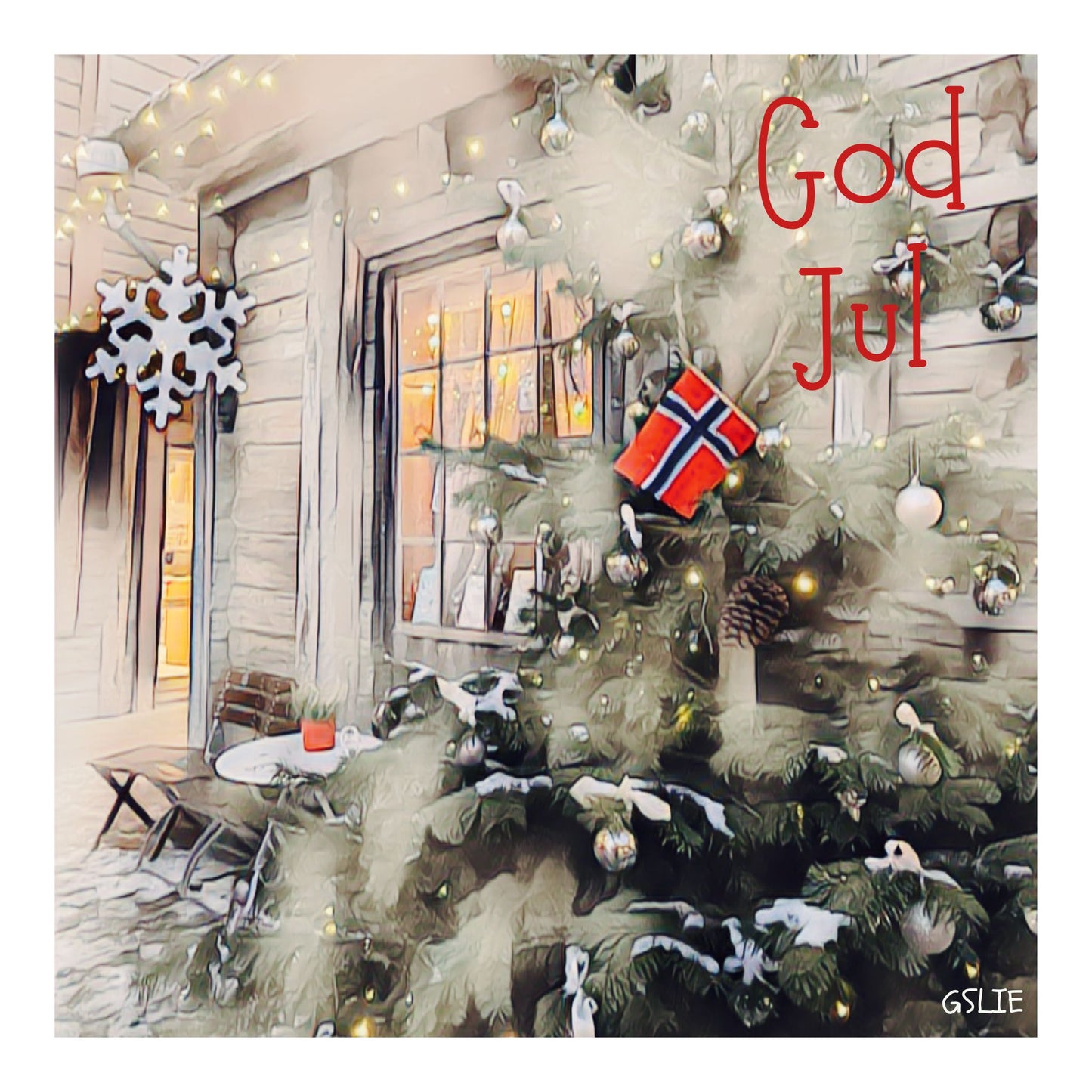 Julekort med koselige motiver fra Bergen. 10 pk. Motiv av juletre med pynt og norsk flagg.