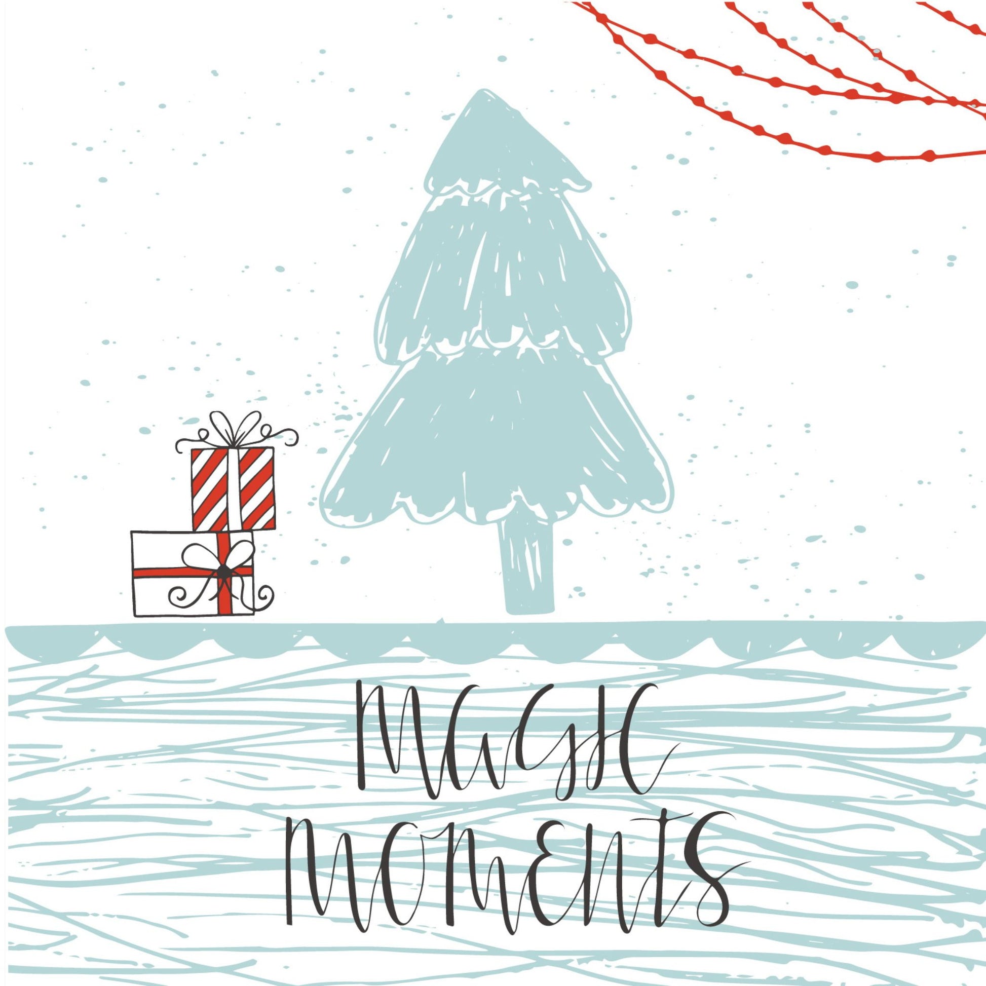 Håndtegnet cartoon julekort. Motiv av juletre og julepakker. Tekst "magic moments"