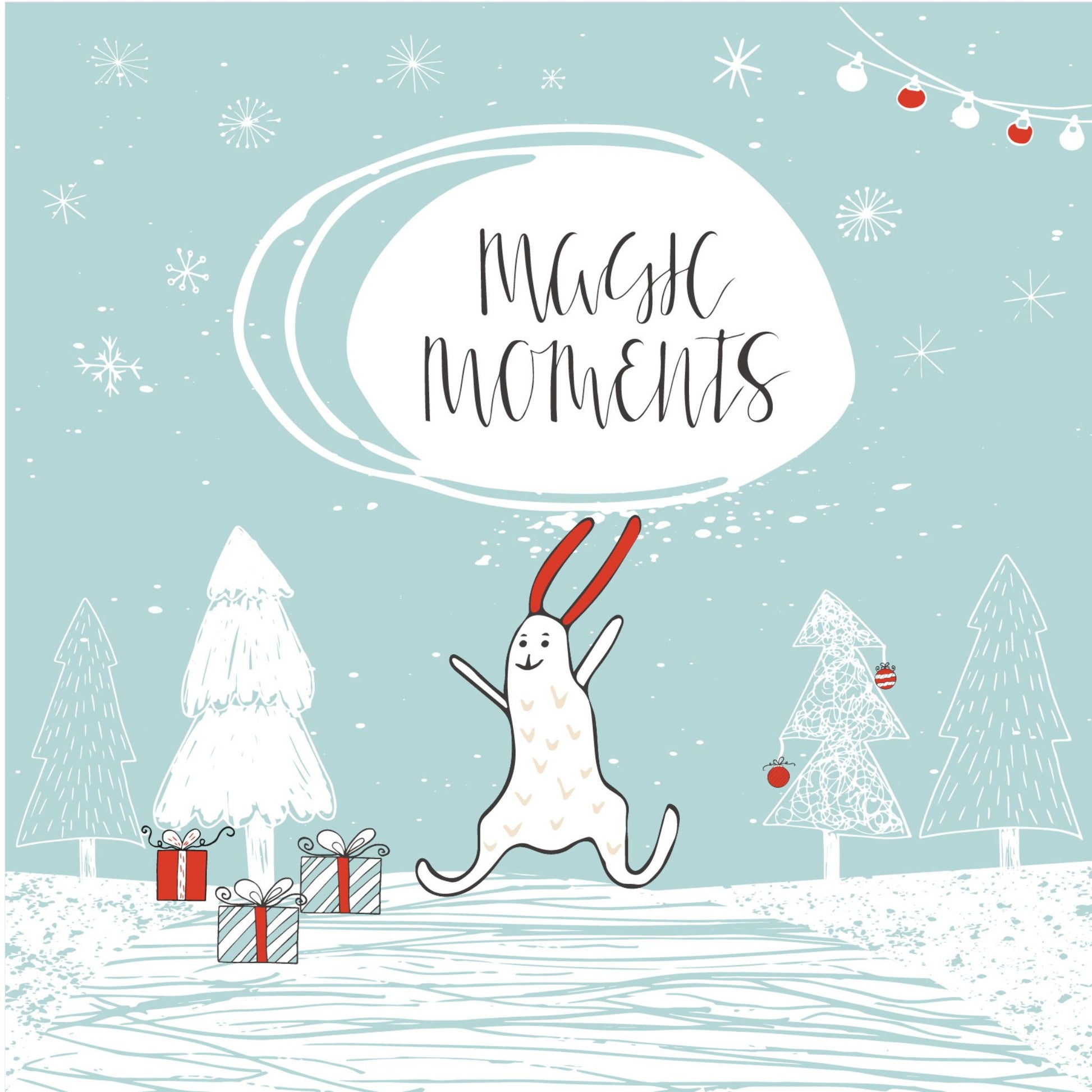 Håndtegnet cartoon julekort. Motiv av julepakker, juletrem hare og tekst "magic moments"