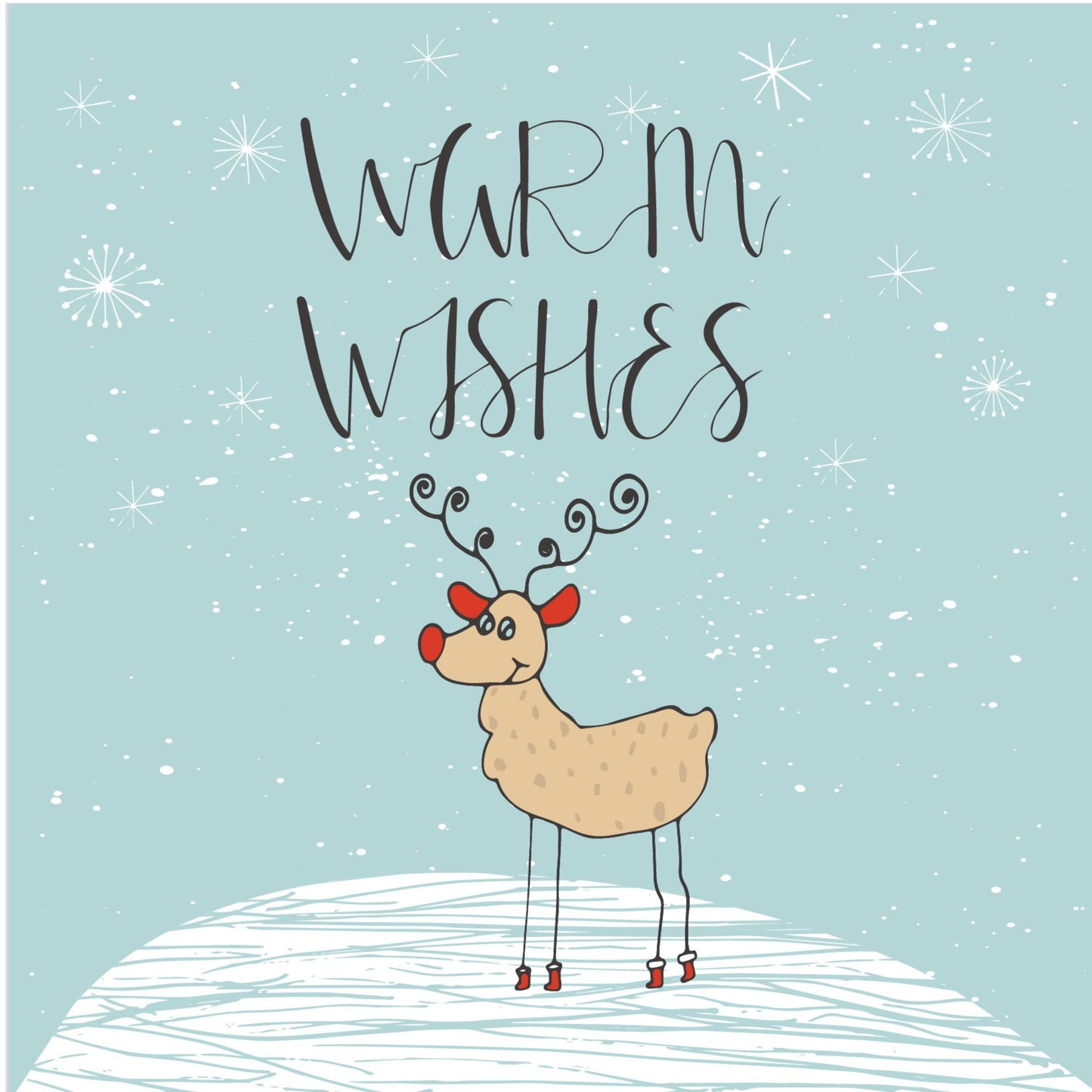 Håndtegnet cartoon julekort. Motiv av reinsdyr med røde ører og rød nese. Tekst "warm wishes"  