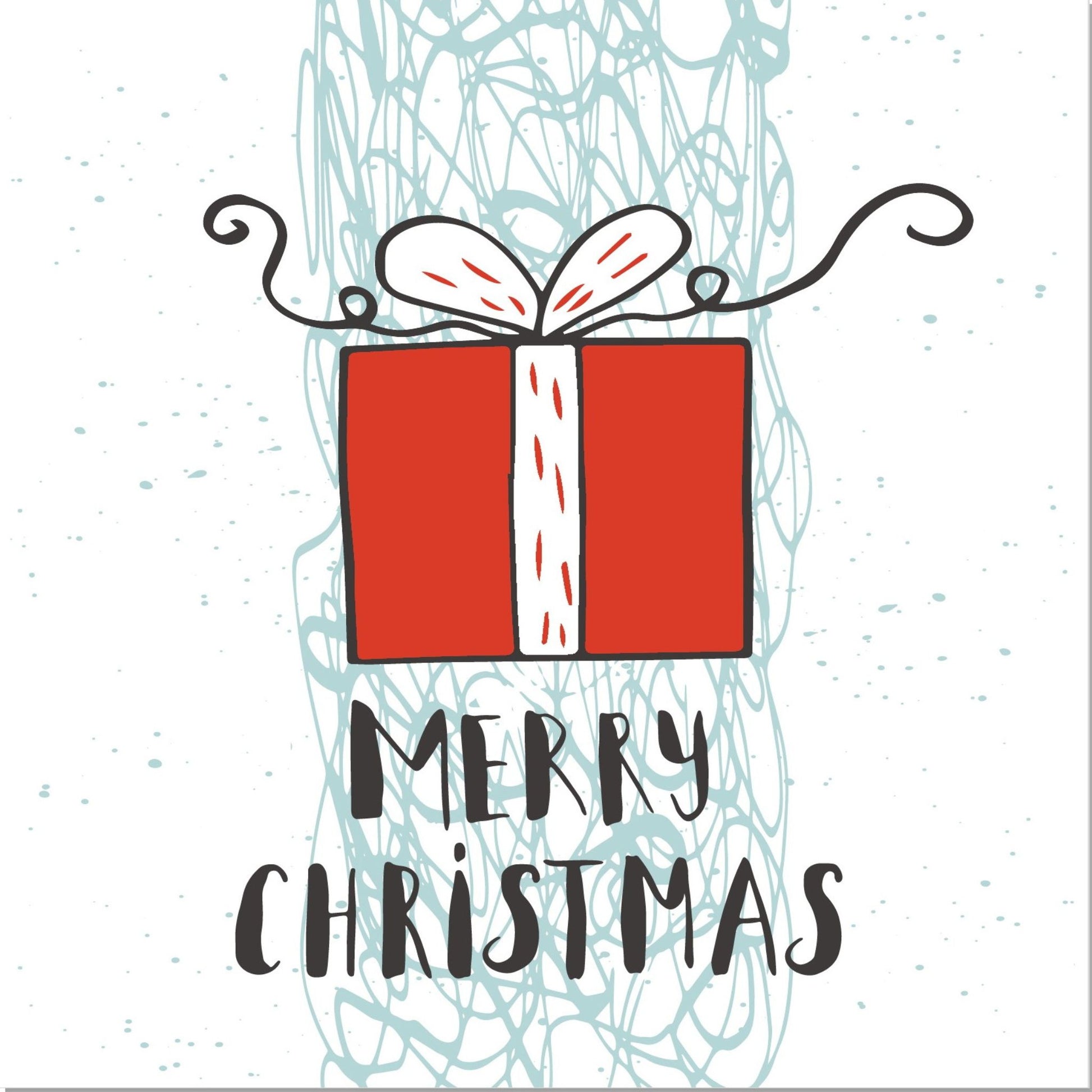 Håndtegnet cartoon julekort.  Motiv av julepakke med rødt papir. Tekst "merry christmas"